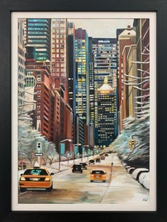 Painting of New York City Taxis in Winter Snow by Contemporary British Artist