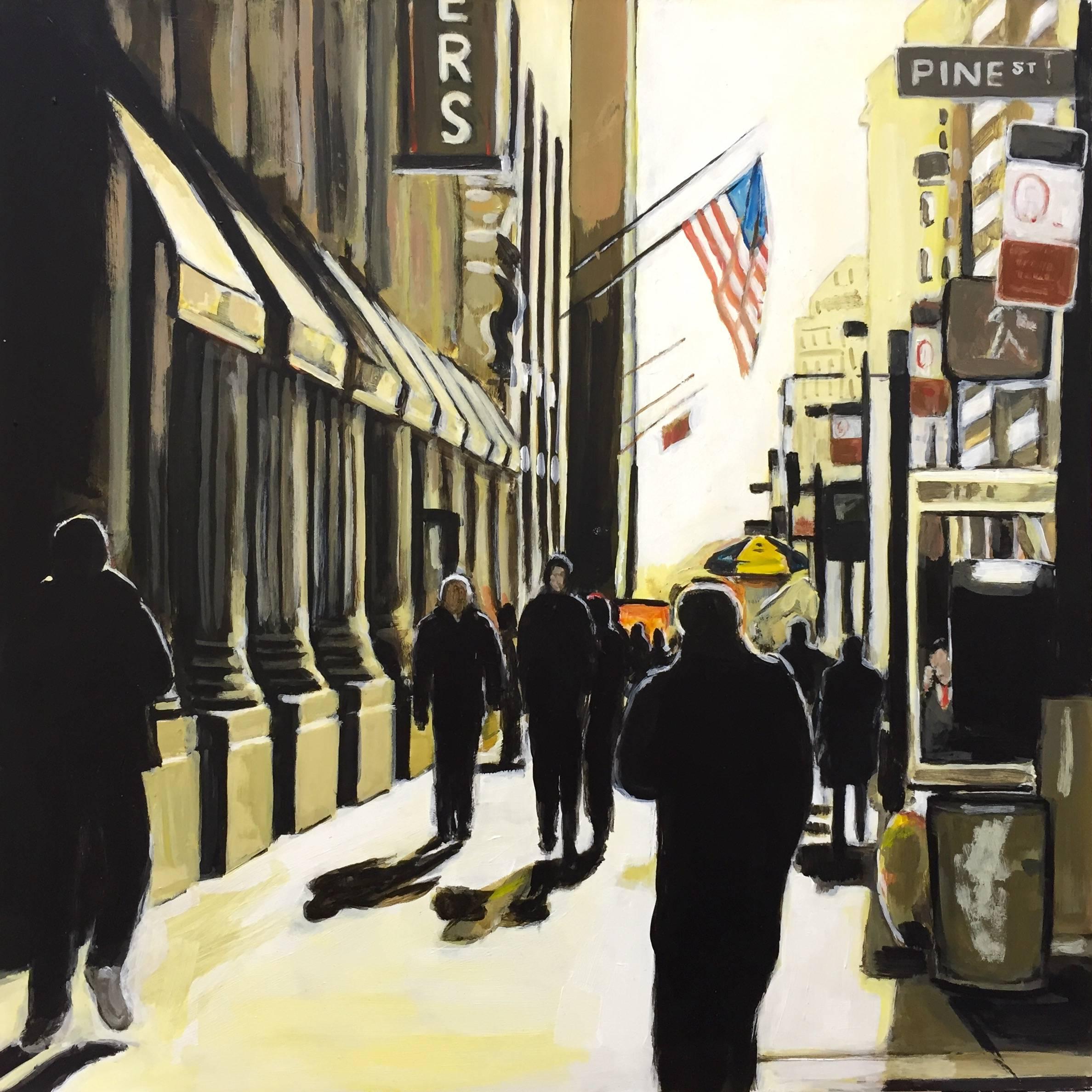 Angela Wakefield Figurative Painting - Painting of New York Sunshine on Pine Street NYC by Leading British Urban Artist