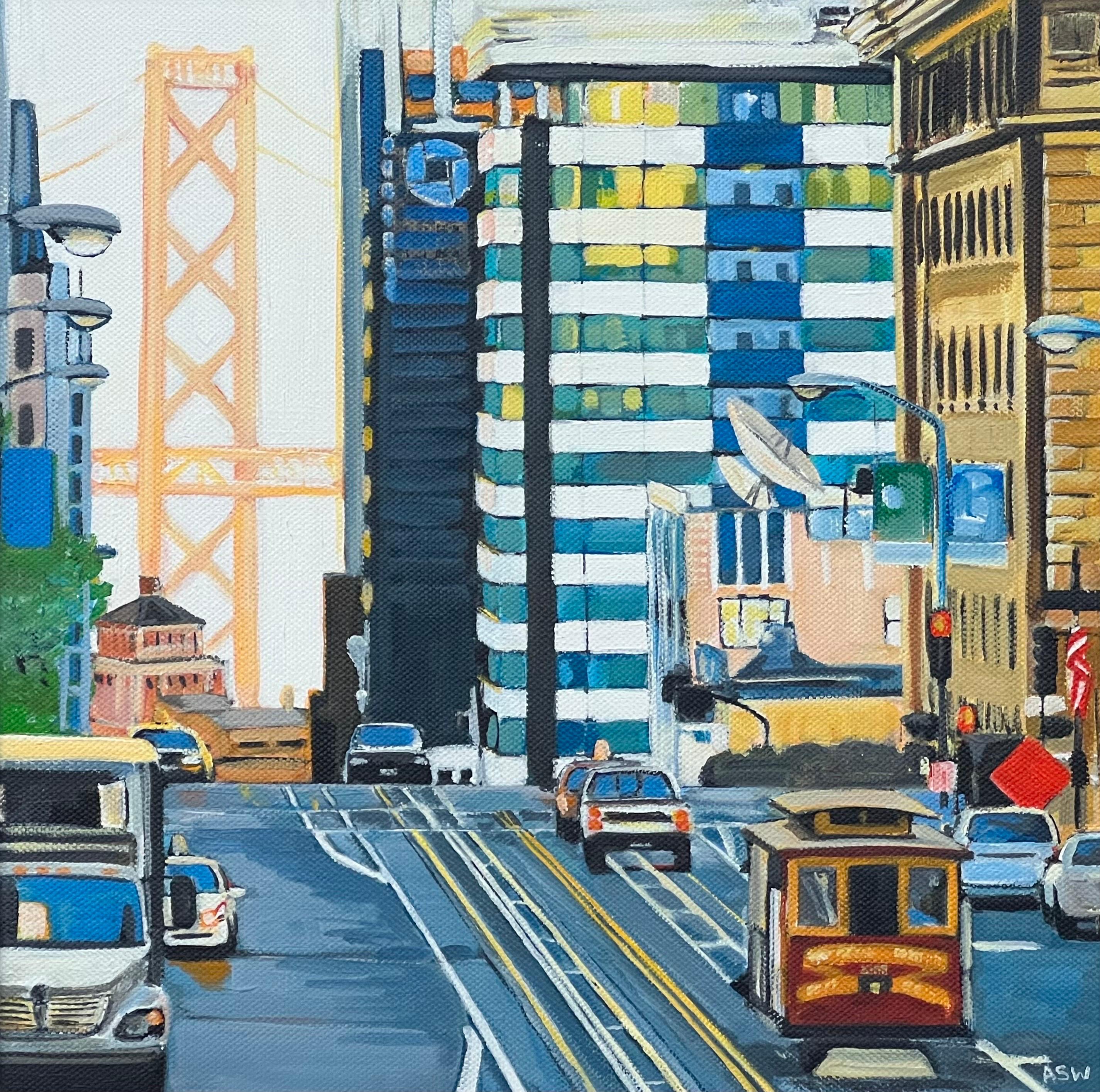 Quadro del ponte della baia di San Francisco in California realizzato da un artista britannico contemporaneo - Figurative Painting Nero di Angela Wakefield