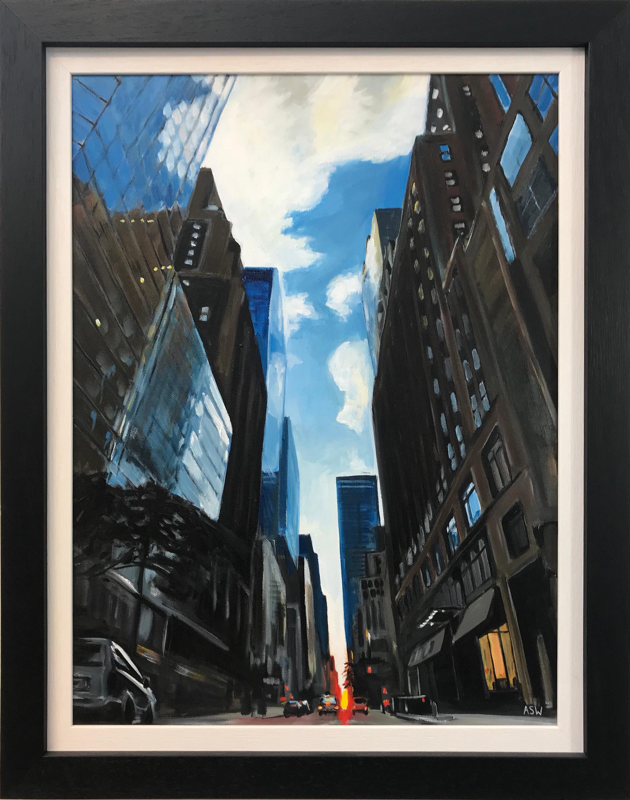 Angela Wakefield Figurative Painting - Painting of Summer Sunset in New York City by Leading British Urban Artist UK