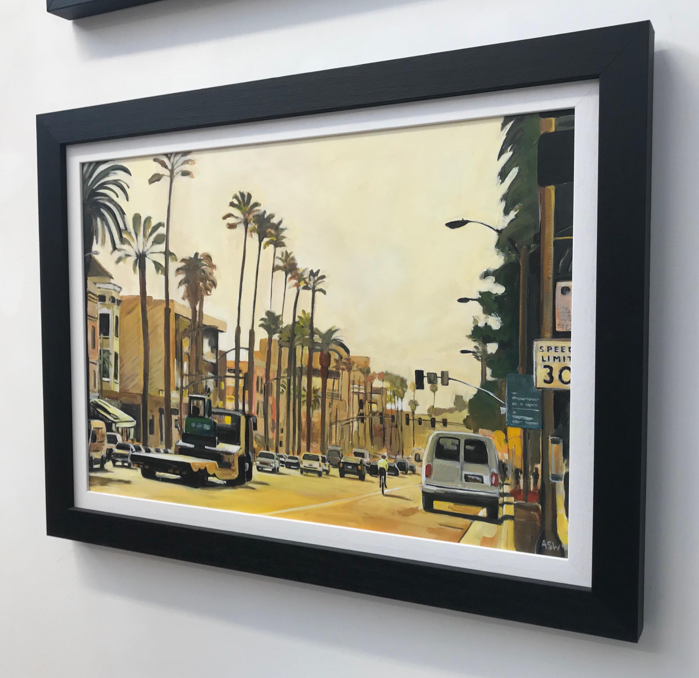 Painting of Sunset Boulevard in Los Angeles, California, by British Urban Landscape Artist Angela Wakefield. This painting is on high quality art board, painted in superior artist quality acrylic paint. Signed on the rear, initialled on the front,