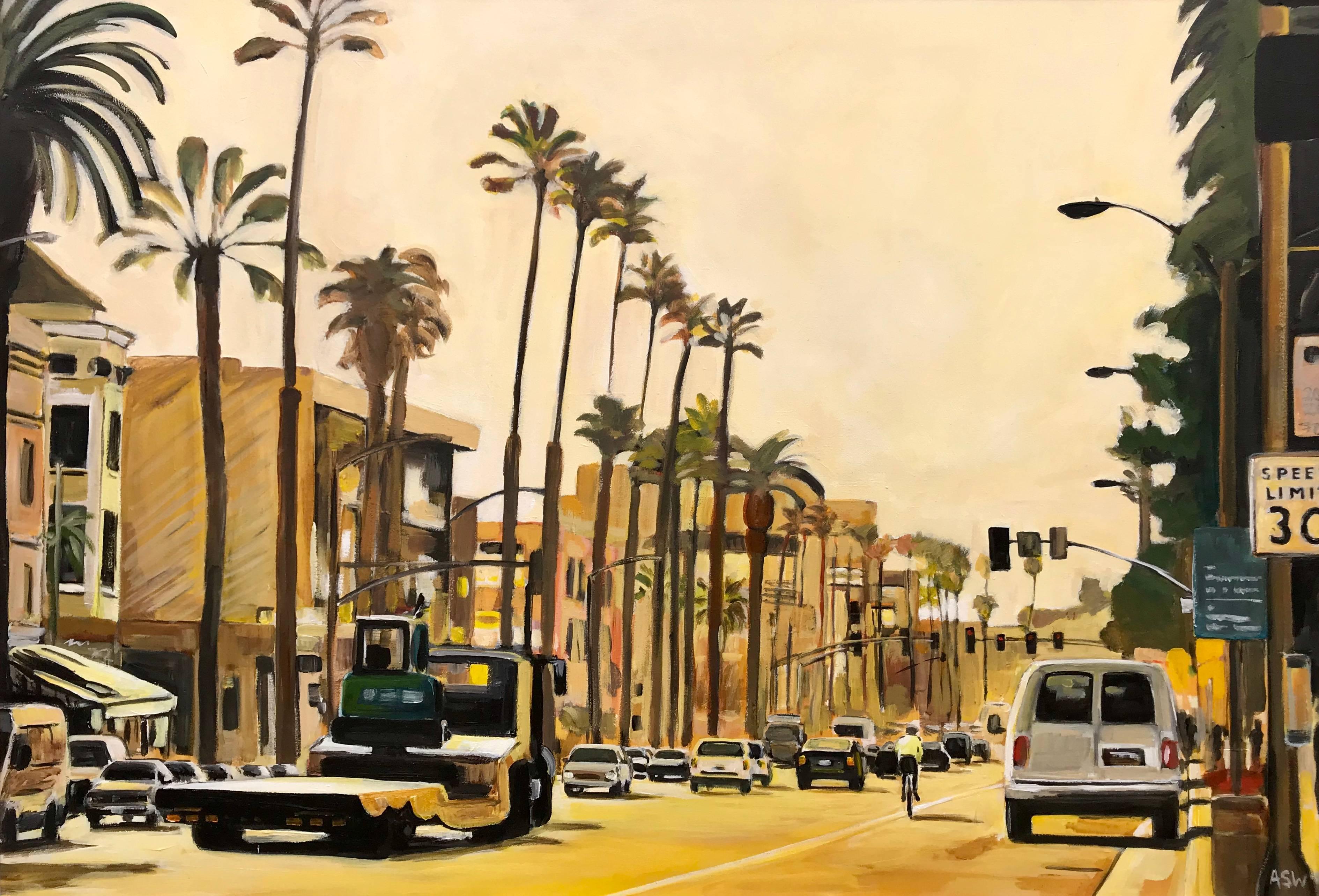 Painting of Sunset Boulevard Los Angeles USA by British Urban Landscape Artist 1