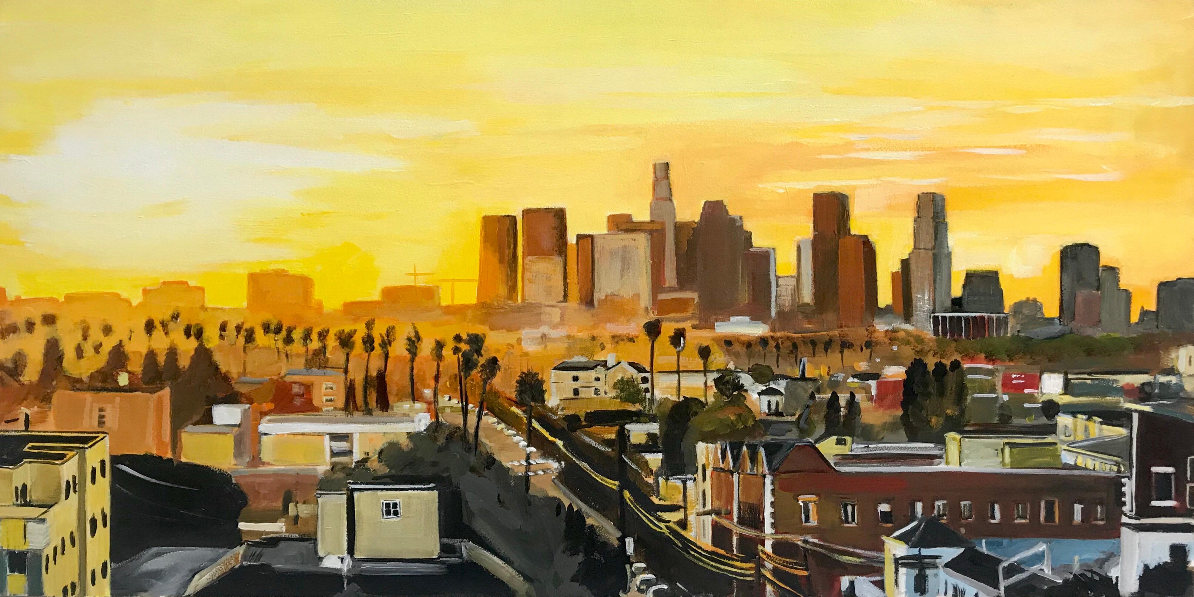 Painting of Sunset in Los Angeles California USA by British Urban Landscape Artist, Angela Wakefield. This painting is on high quality art board, painted in superior artist quality acrylic paint. 

Art measures 24 x 12 inches
Frame measures 29 x 17