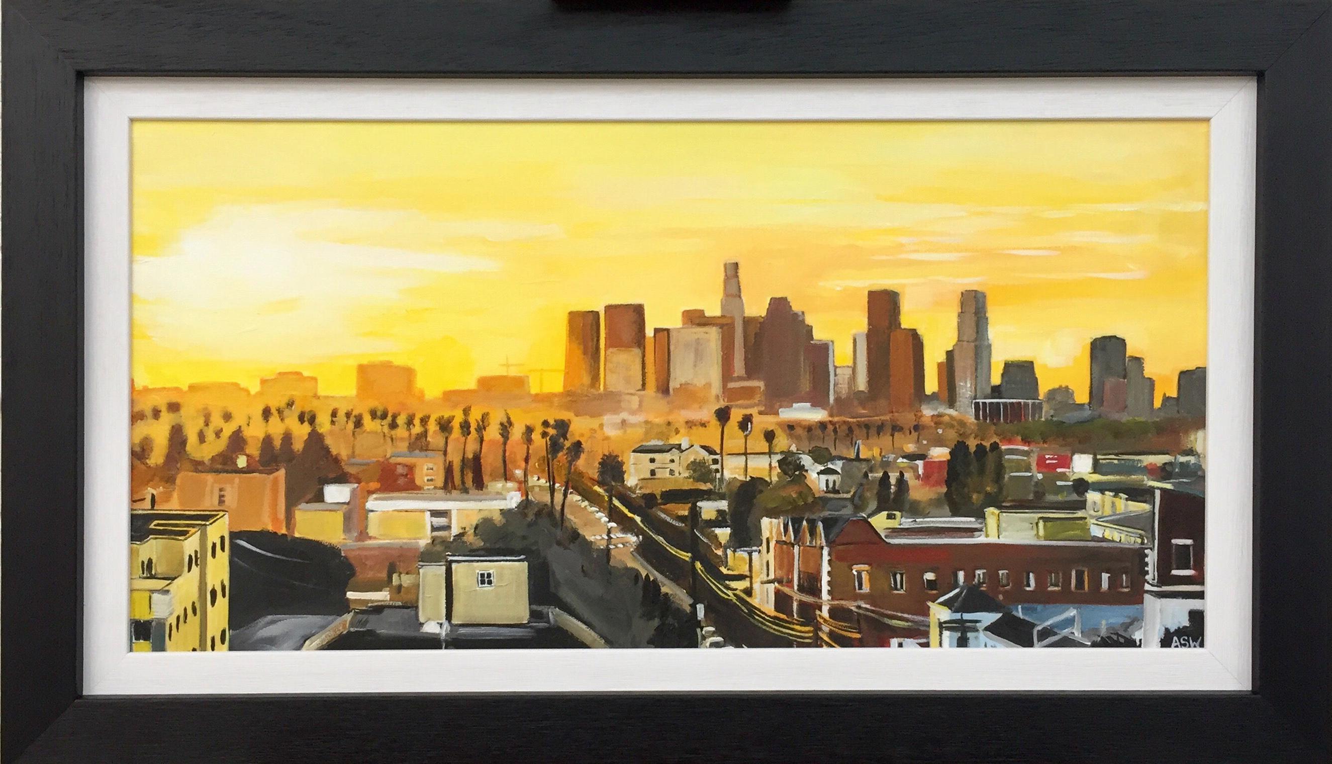 Angela Wakefield Landscape Painting - Painting of Sunset in Los Angeles California USA by British Landscape Artist