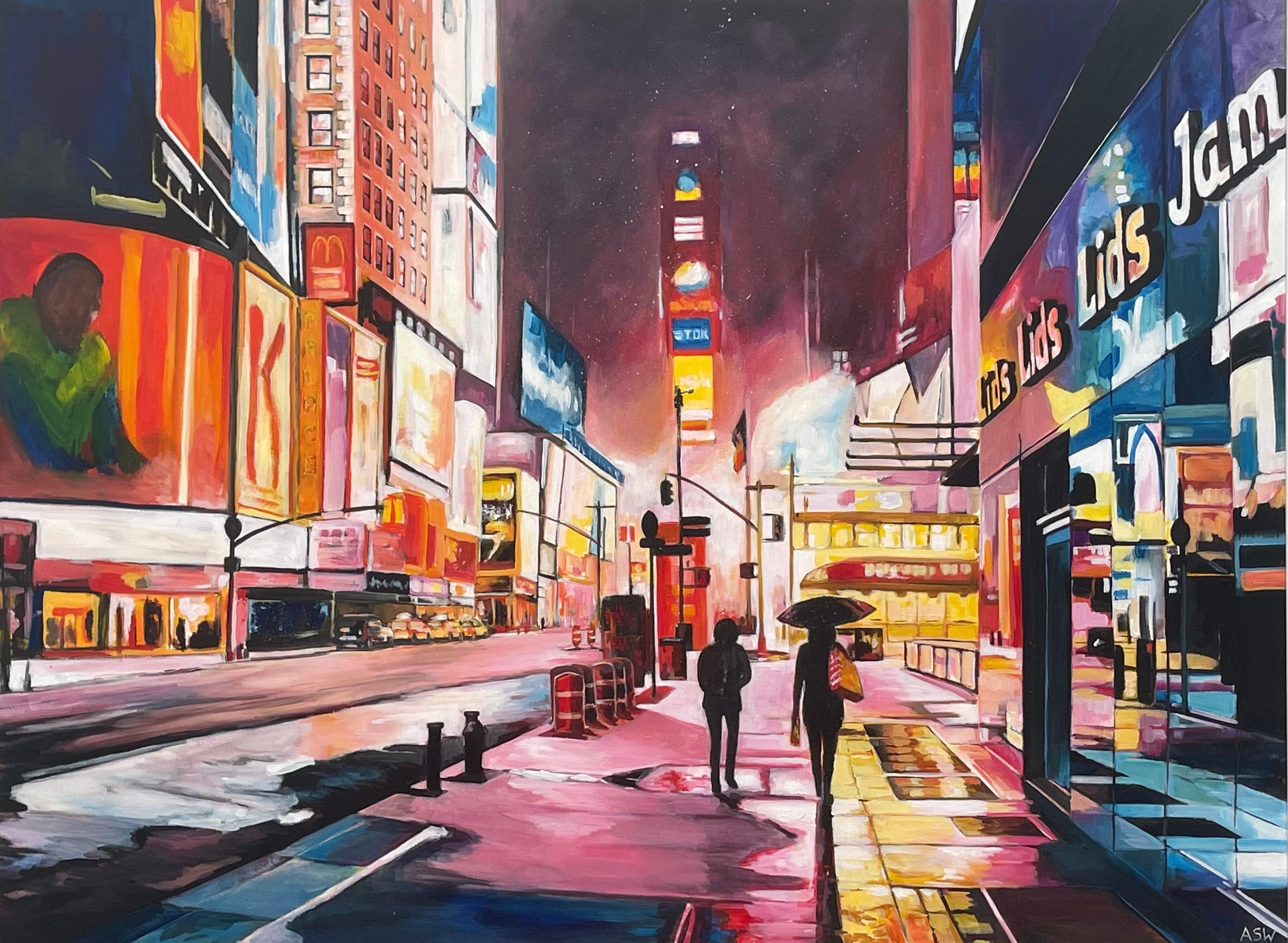 Painting of Times Square Manhattan New York City by Contemporary British Artist Angela Wakefield. 

Art measures 48 x 36 inches 
Frame measures 53 x 41 inches 

Wakefield's work is a unique blend of abstraction and realism, with a strong emphasis on