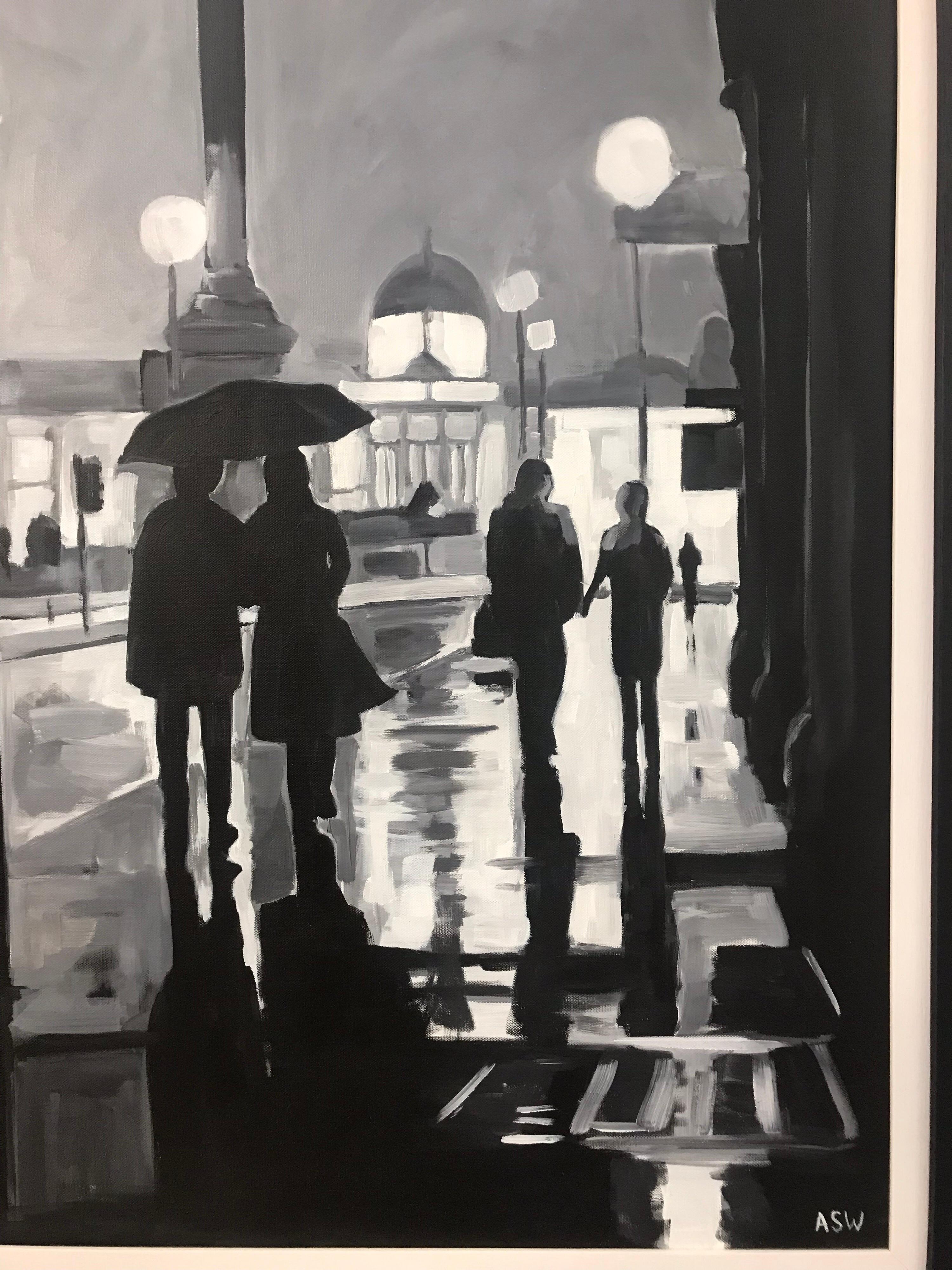 Trafalgar Square, London - Cityscape Art by British Urban Landscape Artist Angela Wakefield. This black and white painting of Trafalgar Square in London is part of the London Collection. The wet pavements provide the perfect conditions for the