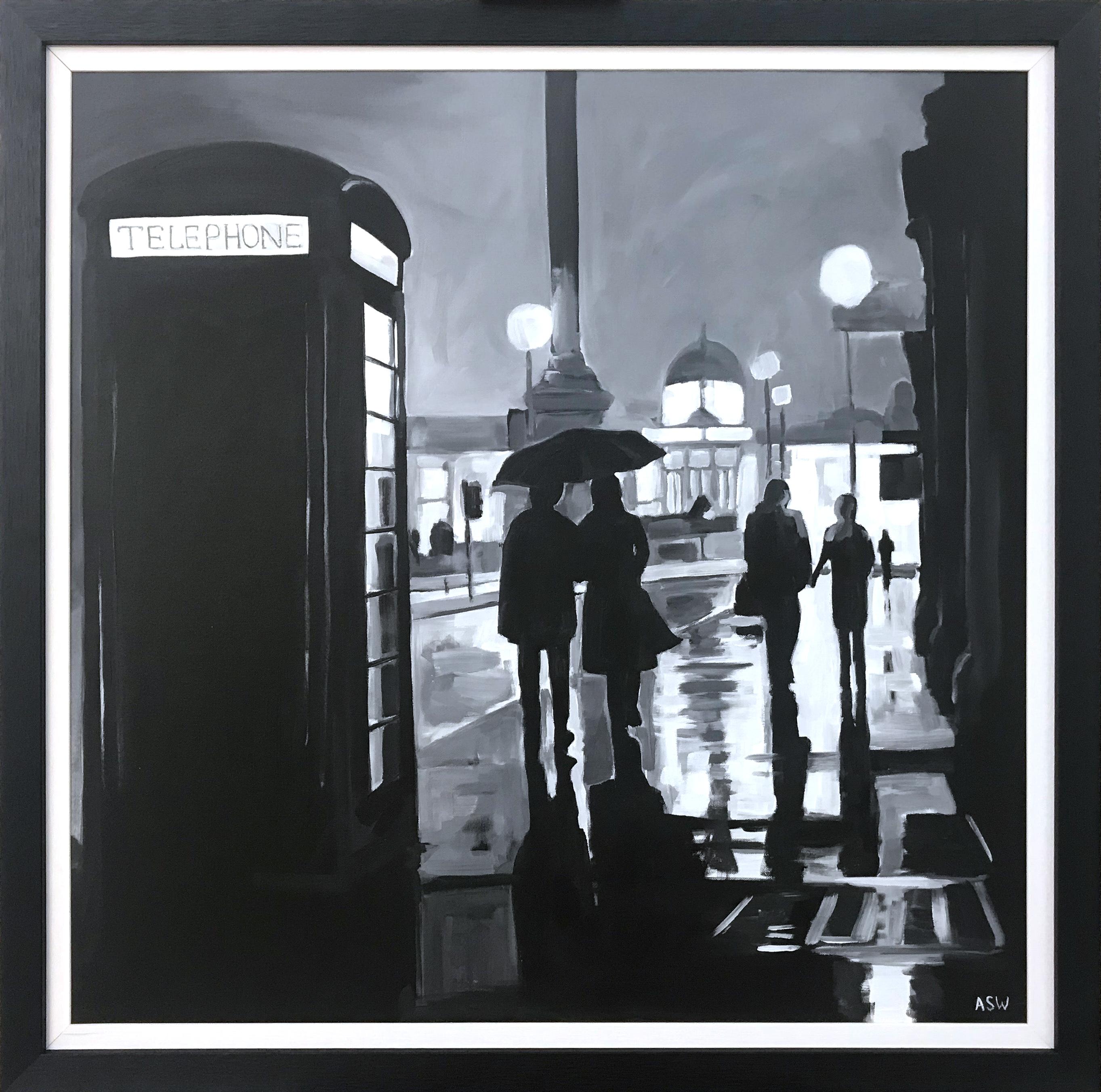 Angela Wakefield Figurative Painting - Painting of Trafalgar Square Rain London City by British Urban Landscape Artist