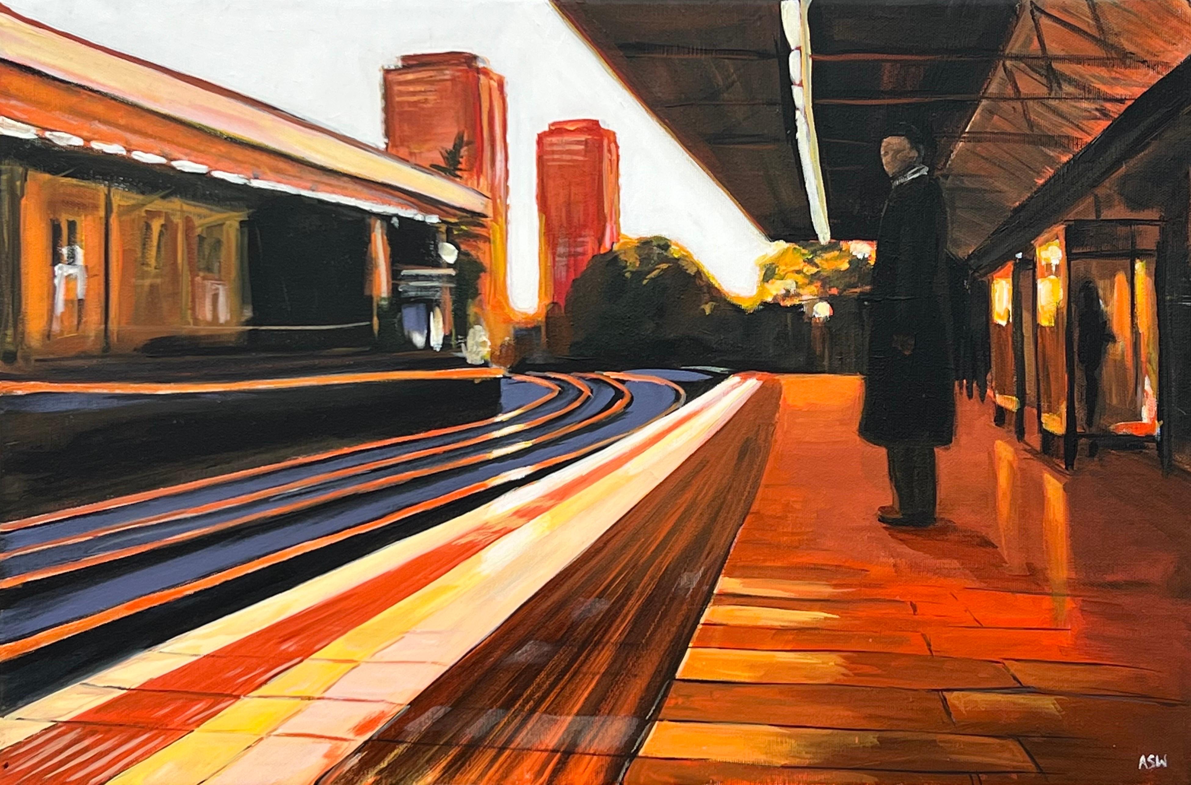 Angela Wakefield Landscape Painting - Painting of Train Station in London England by Contemporary Urban Artist