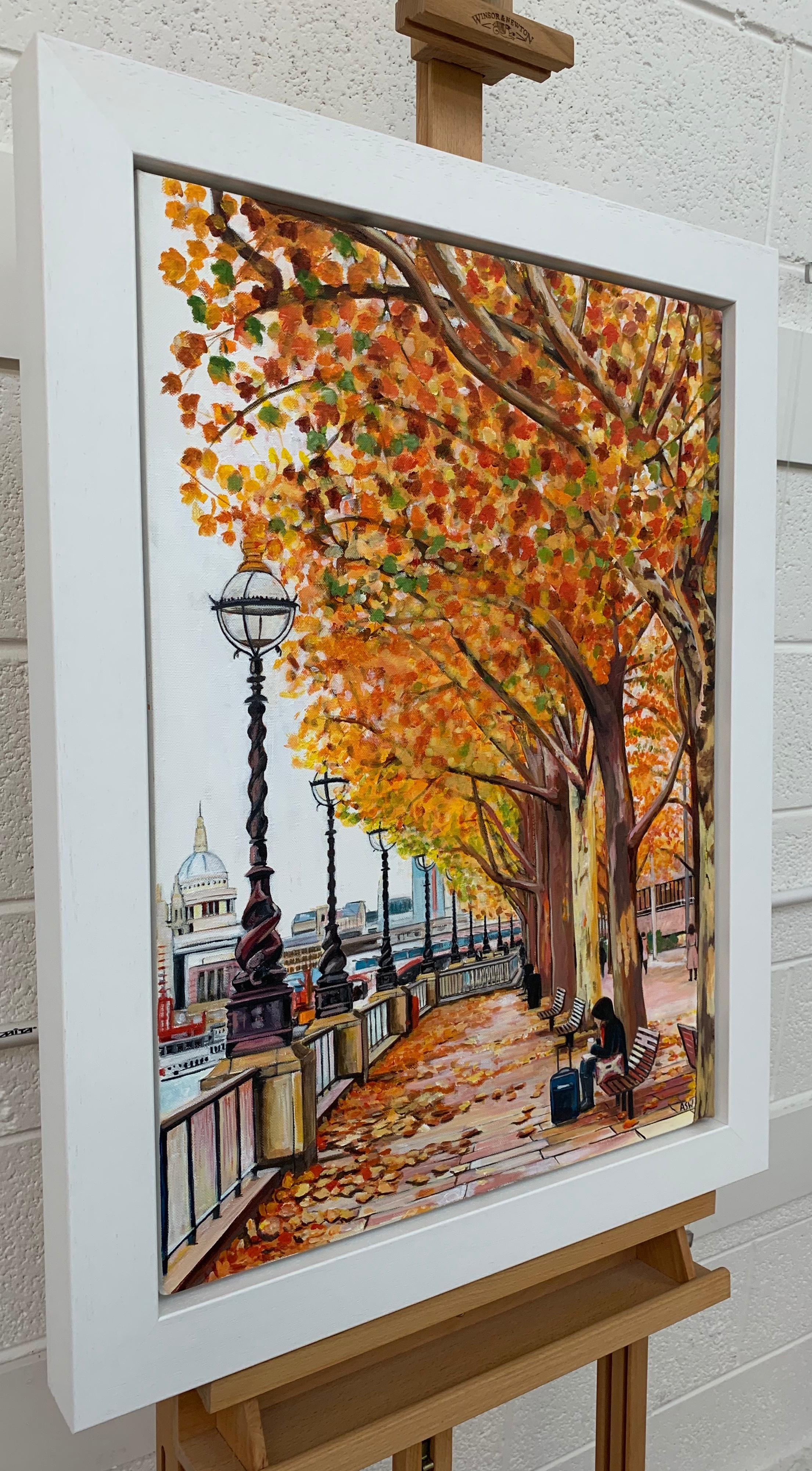 Painting of Victoria Embankment London in Autumn by Collectible British Artist - Brown Landscape Painting by Angela Wakefield