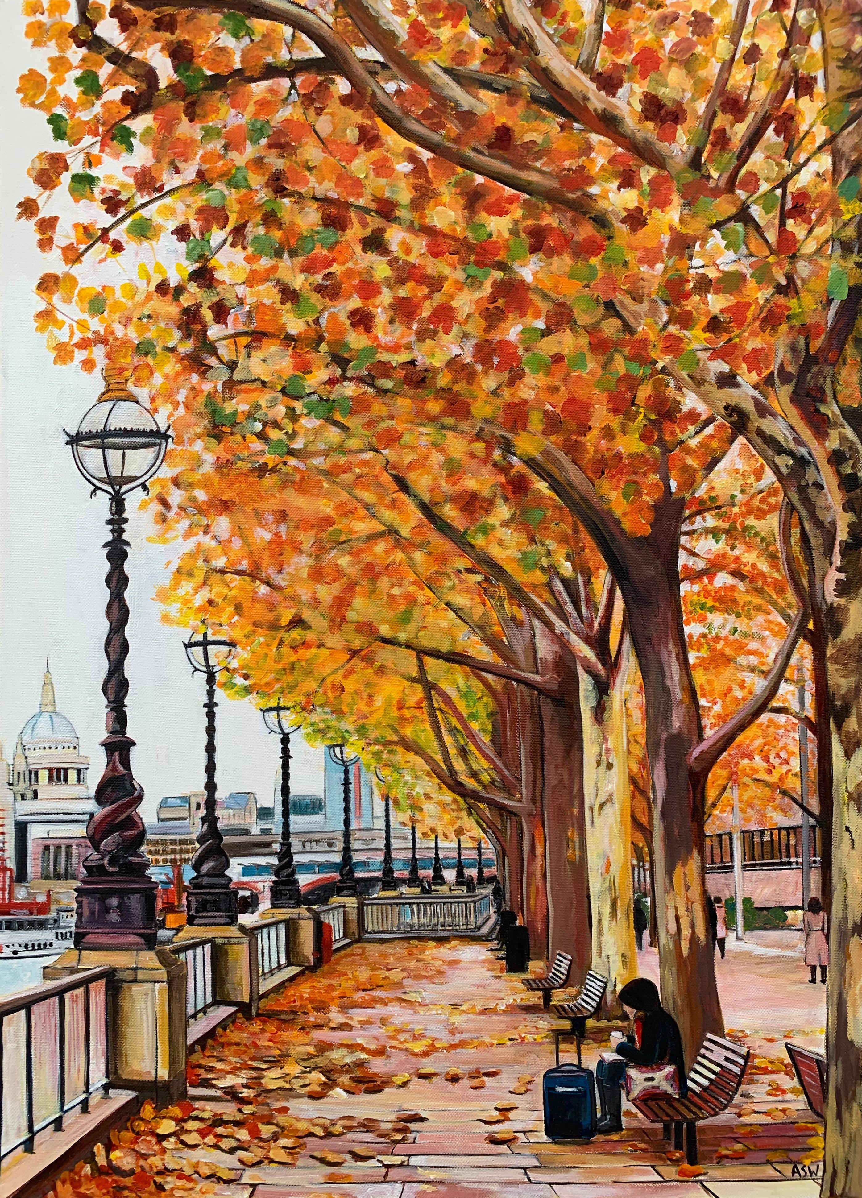 Painting of Victoria Embankment London in Autumn by Collectible British Artist 2