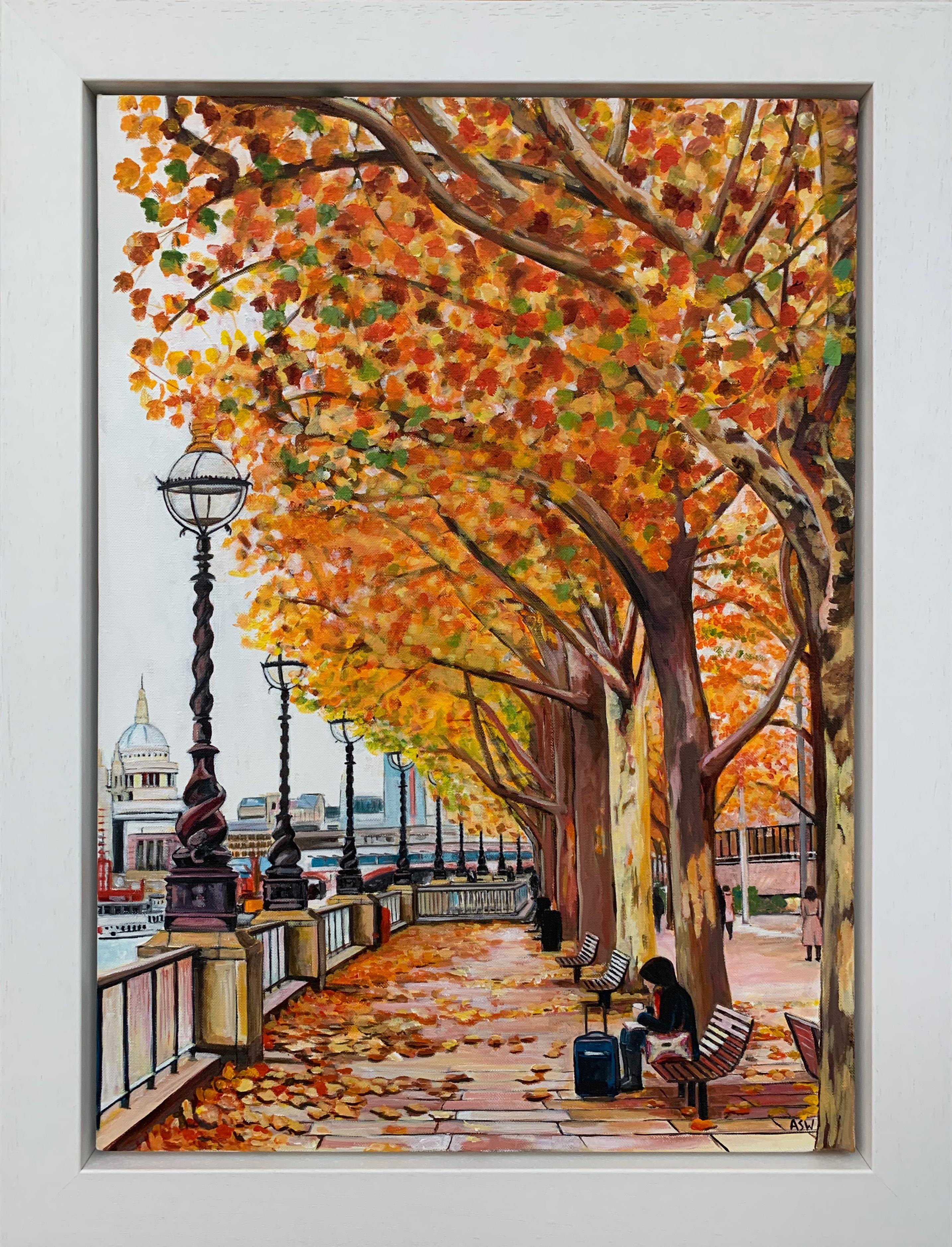 Angela Wakefield Landscape Painting - Painting of Victoria Embankment London in Autumn by Collectible British Artist