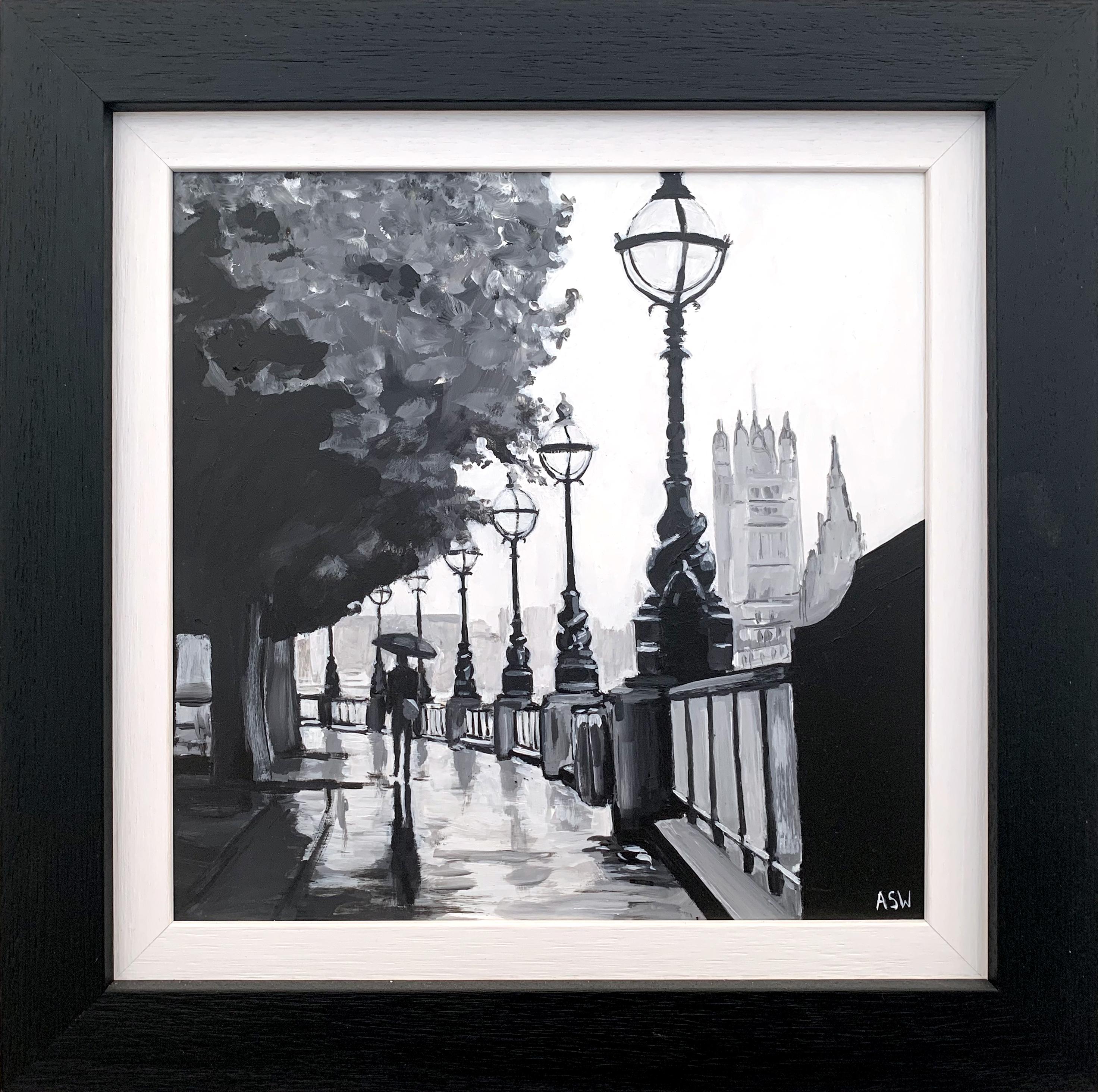 Angela Wakefield Figurative Painting - Painting of Victoria Embankment Westminster London City by British Urban Artist