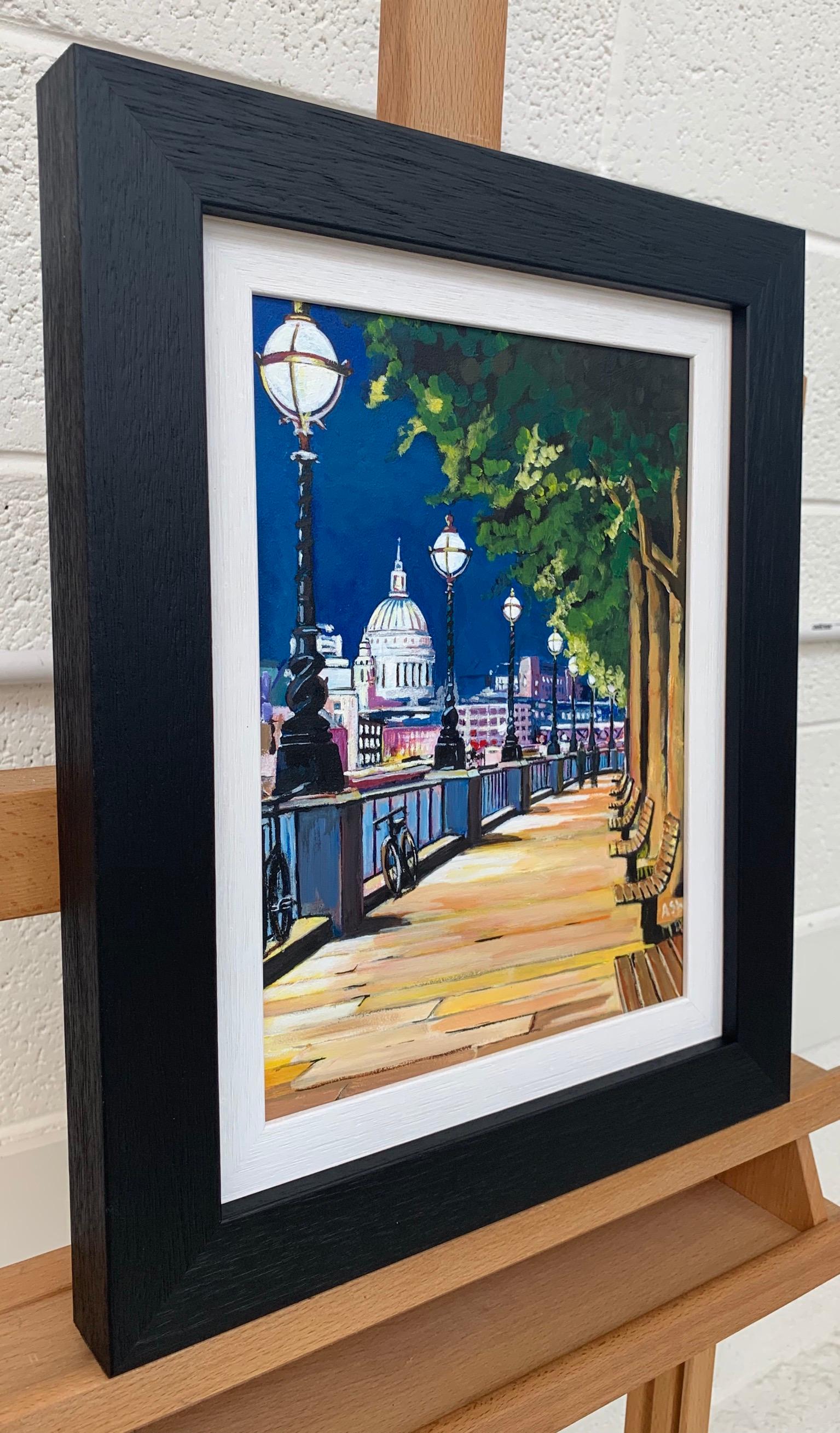 Painting of Victoria Embankment & St Paul's London City by British Urban Artist - Blue Landscape Painting by Angela Wakefield