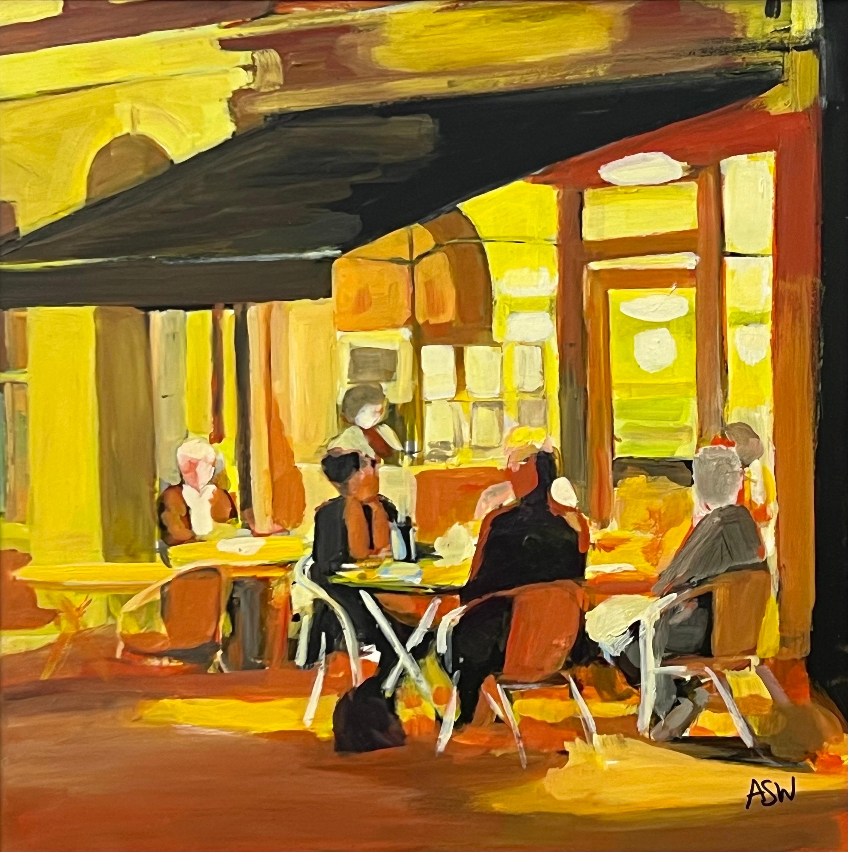 Painting Study of Al Fresco Spanish Tapas Bar Scene at Night by British Artist For Sale 5