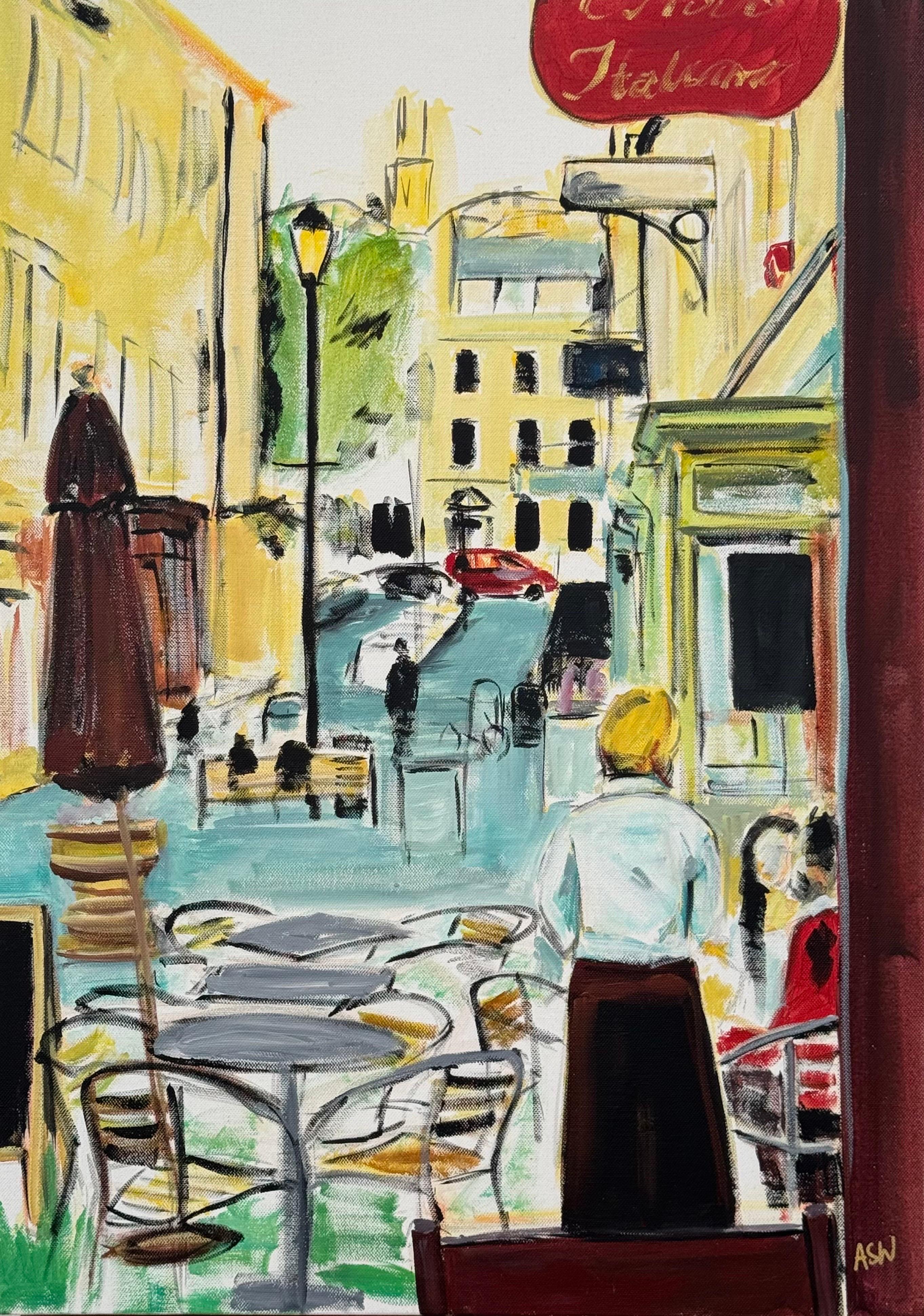 Angela Wakefield Portrait Painting – Malstudie auf Leinwand: Eine Straße in Bath mit Figuren und Cafés, 2007