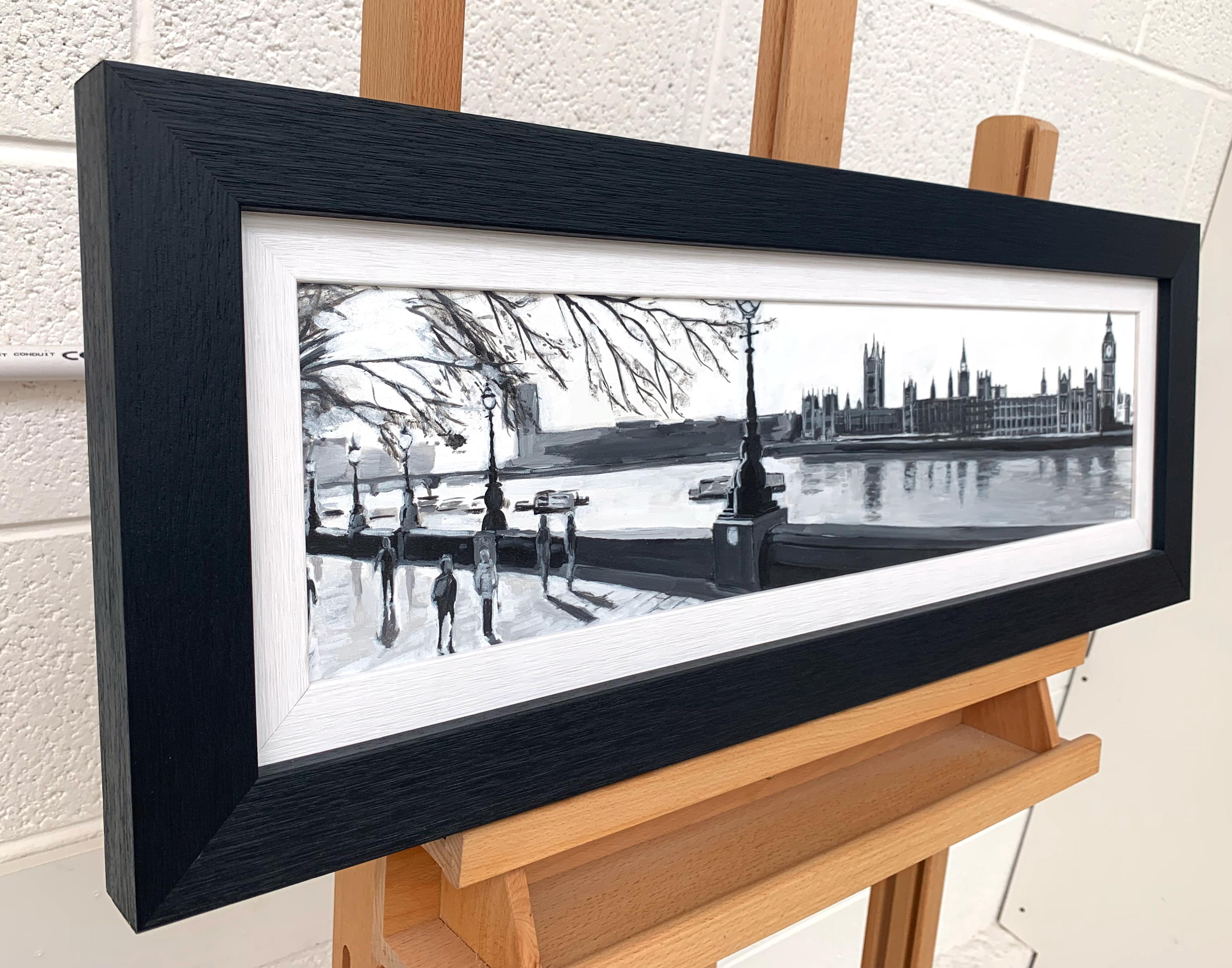 Peinture panoramique en noir et blanc de Westminster Victoria Embankment London City - Moderne Painting par Angela Wakefield