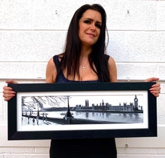 Panoramic Black & White Painting of Westminster Victoria Embankment London City