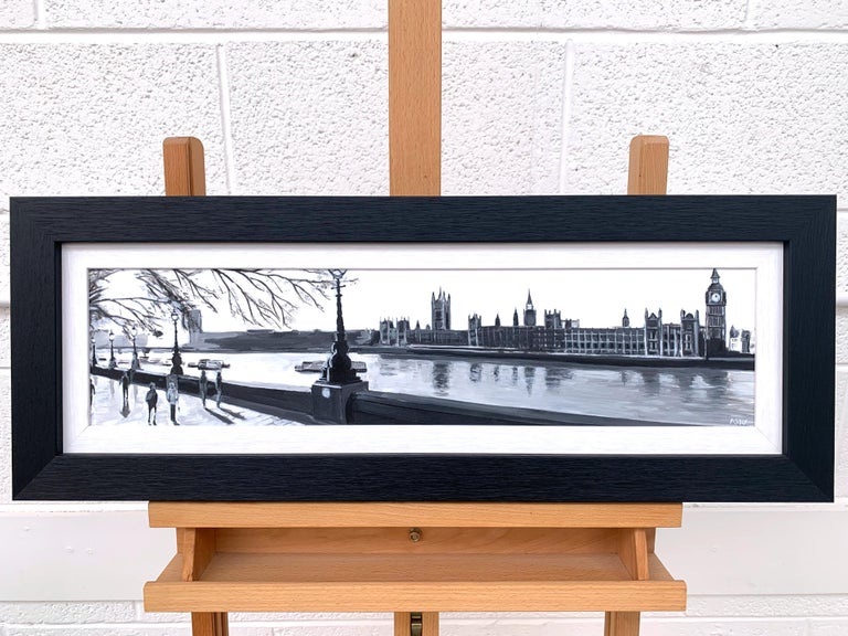 Panoramic Black & White Painting of Westminster Victoria Embankment London City For Sale 2