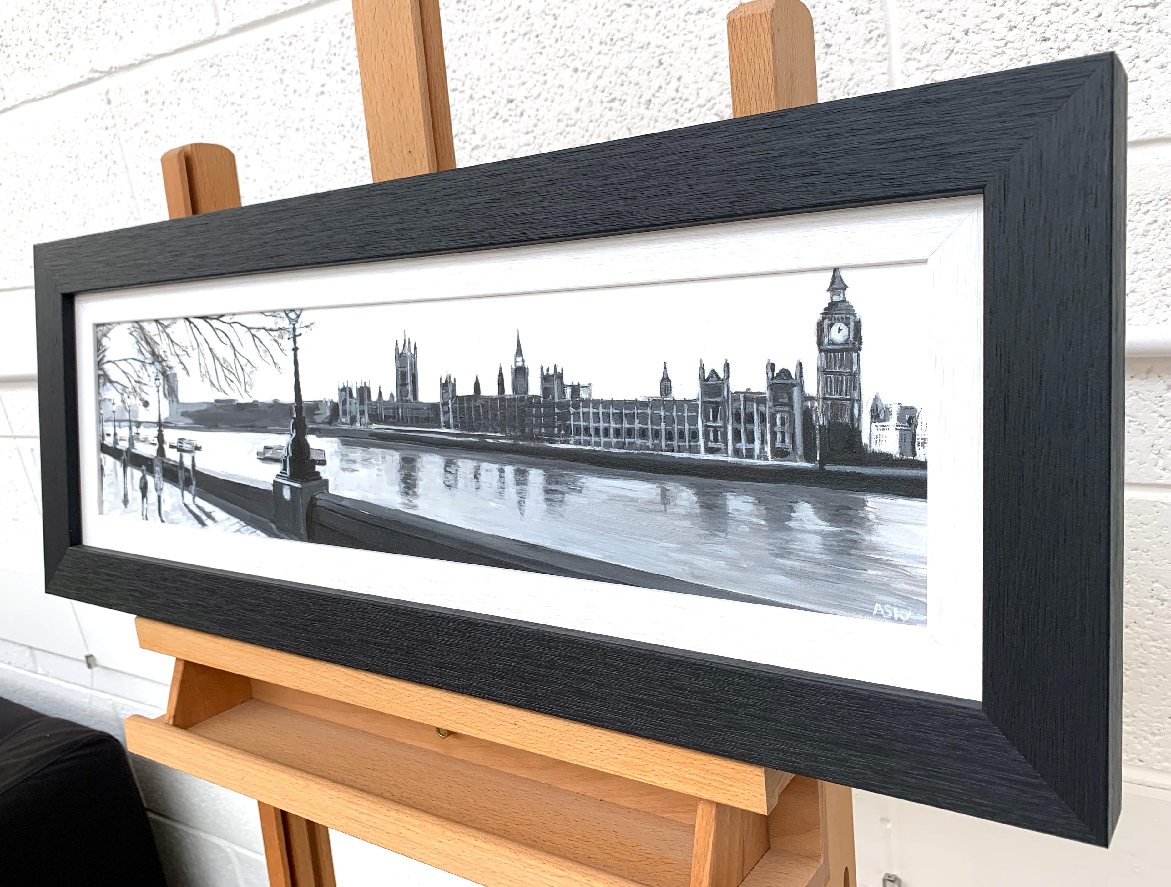 Panoramic Black & White Painting of Westminster from Victoria Embankment, City of London. 
A unique original from leading British Cityscape Artist, Angela Wakefield. 

Art measures 24 x 6 inches 
Frame measures 28.8 x 10.8 inches 

Angela Wakefield