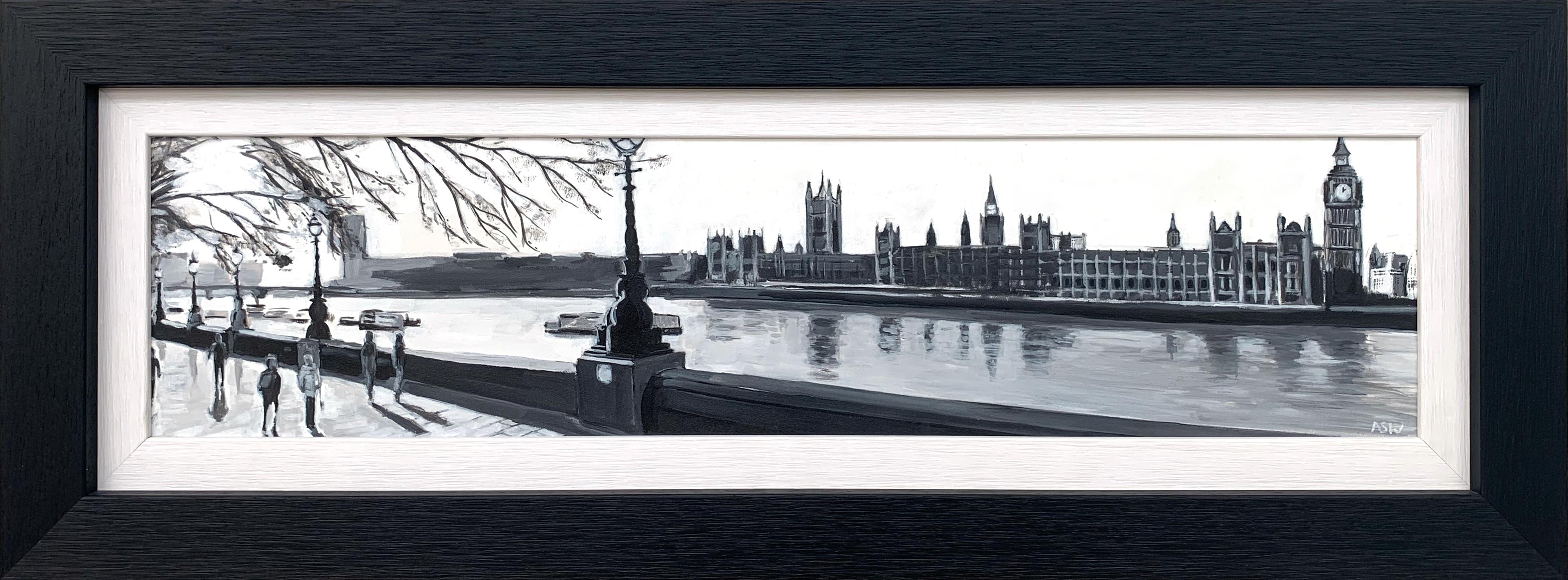 Angela Wakefield Figurative Painting - Panoramic Black & White Painting of Westminster Victoria Embankment London City