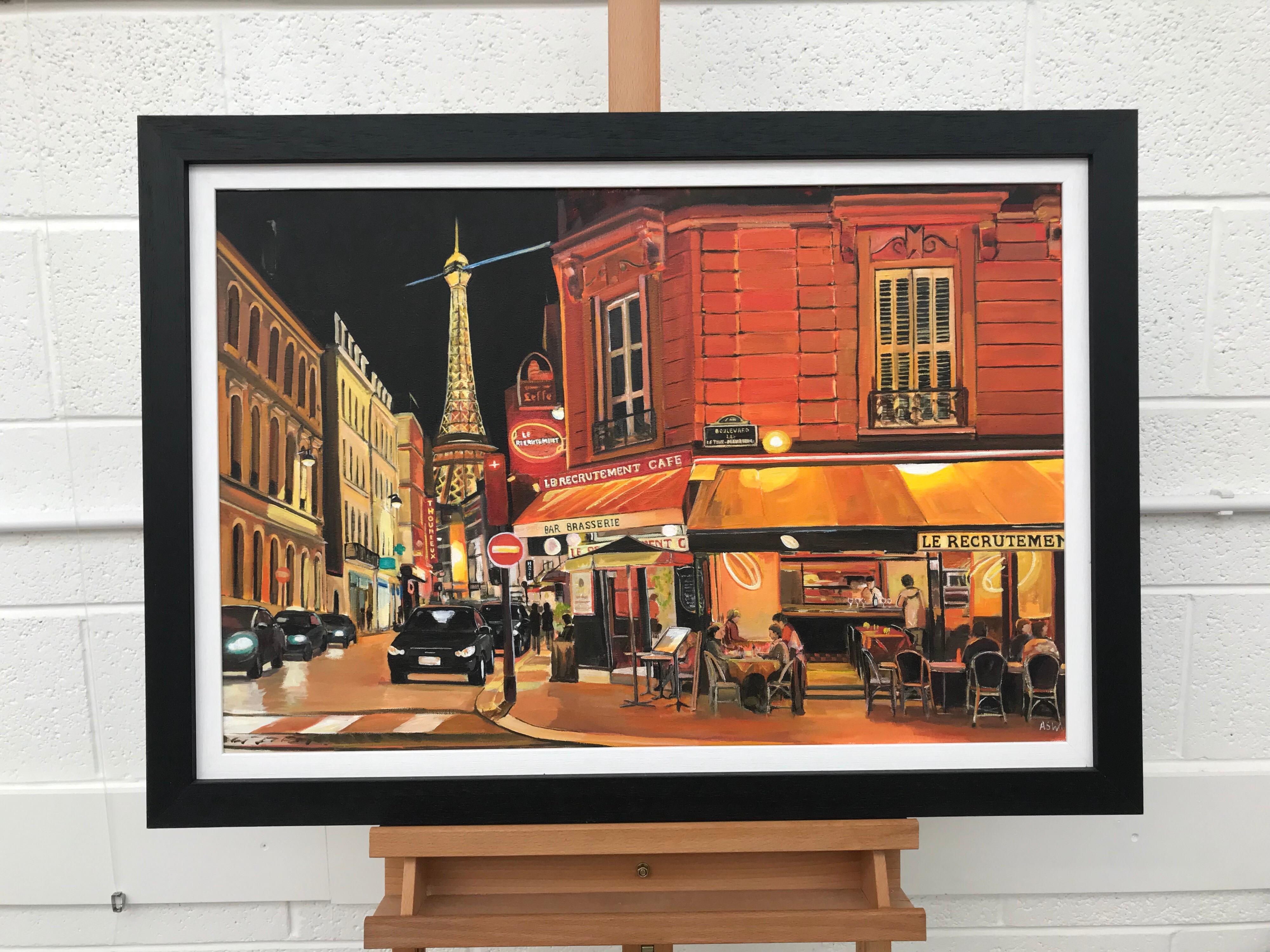 'Parisian Café' - Eiffel Tower, Paris, France by British Urban Landscape Artist. An original painting from Angela's European Series, incorporating the Eiffel Tower - one of the most iconic structures in Europe. The Parisian Café is Le Recrutement,