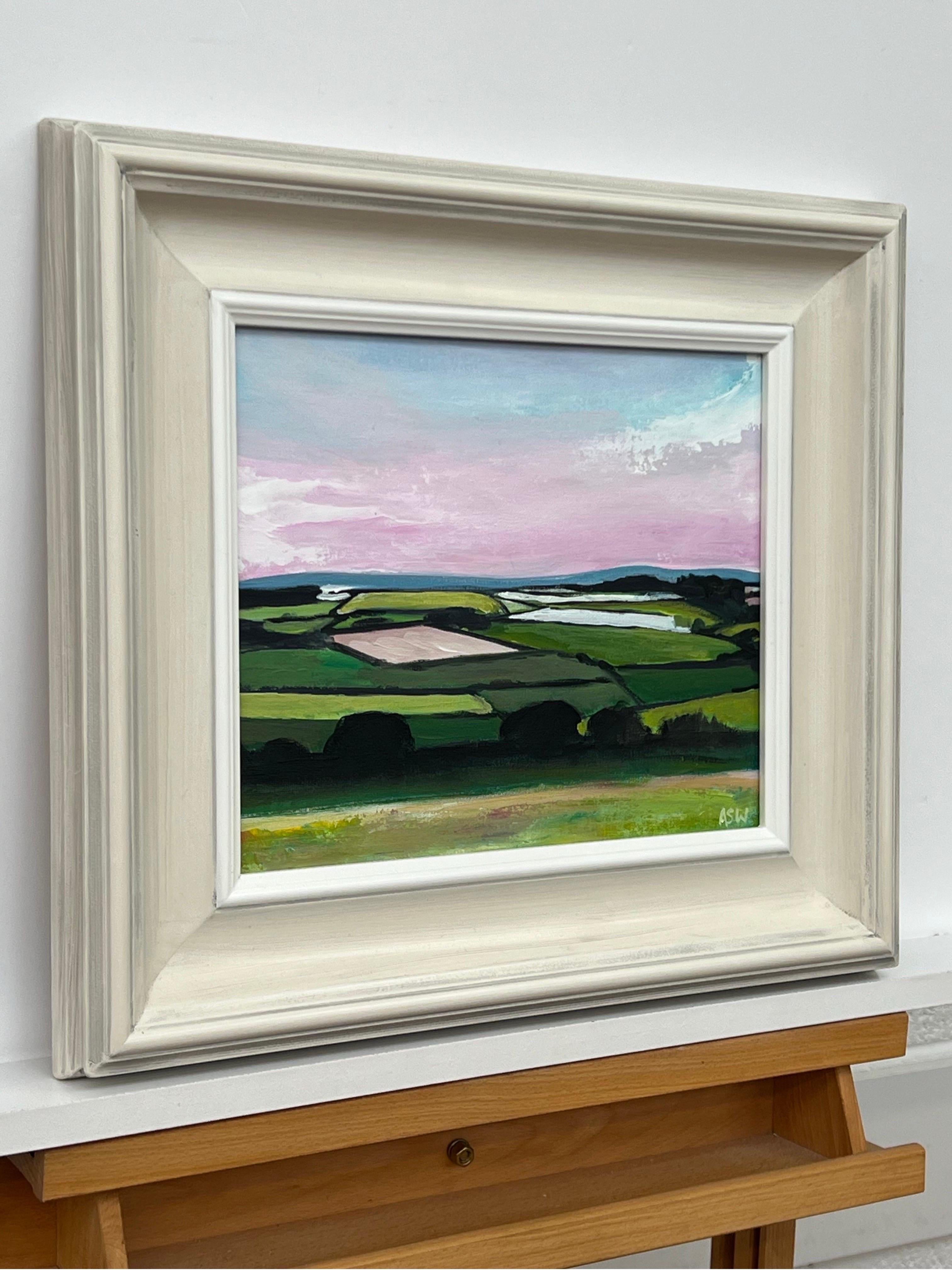 Patchwork quilt of vibrant green pasture, ploughed fields and farmland hedgerows - Painting by Angela Wakefield