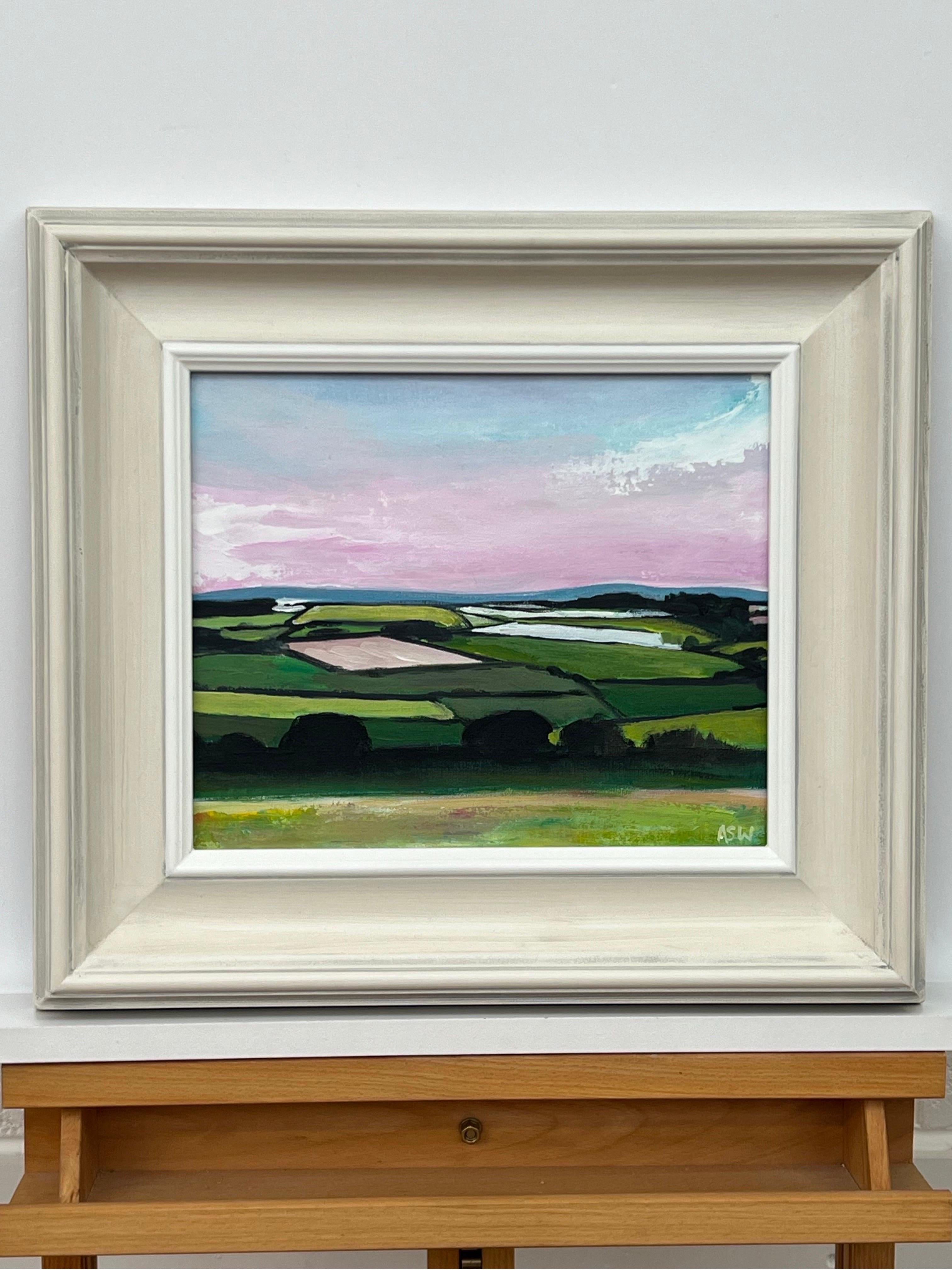 Patchwork quilt of vibrant green pasture, ploughed fields and farmland hedgerows - Contemporary Painting by Angela Wakefield