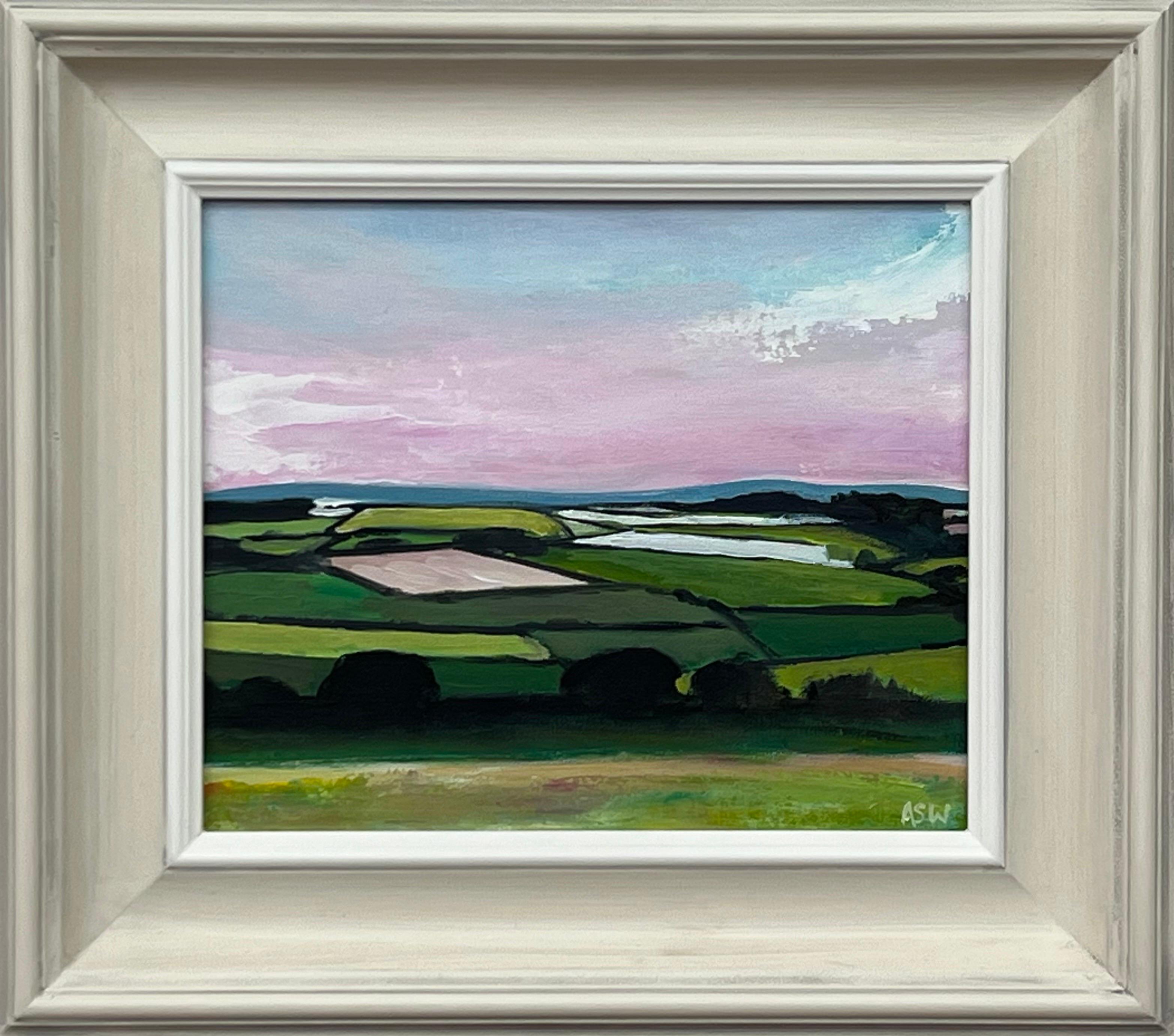 Angela Wakefield Abstract Painting - Patchwork quilt of vibrant green pasture, ploughed fields and farmland hedgerows