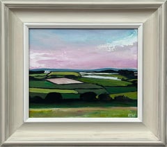 Patchwork quilt of vibrant green pasture, ploughed fields and farmland hedgerows