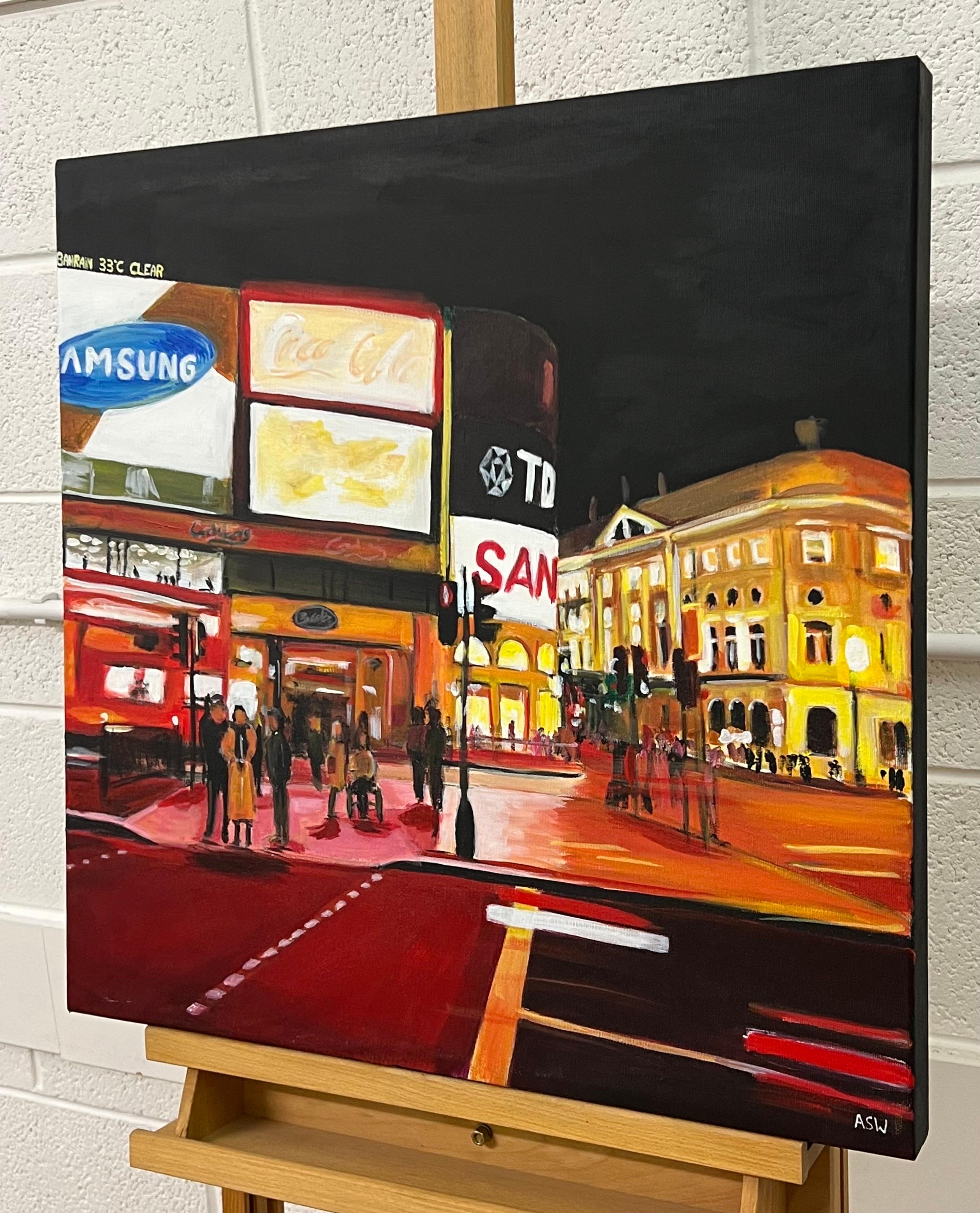 Piccadilly Circus in London City at Night with Red Bus by Urban Landscape Artist For Sale 3