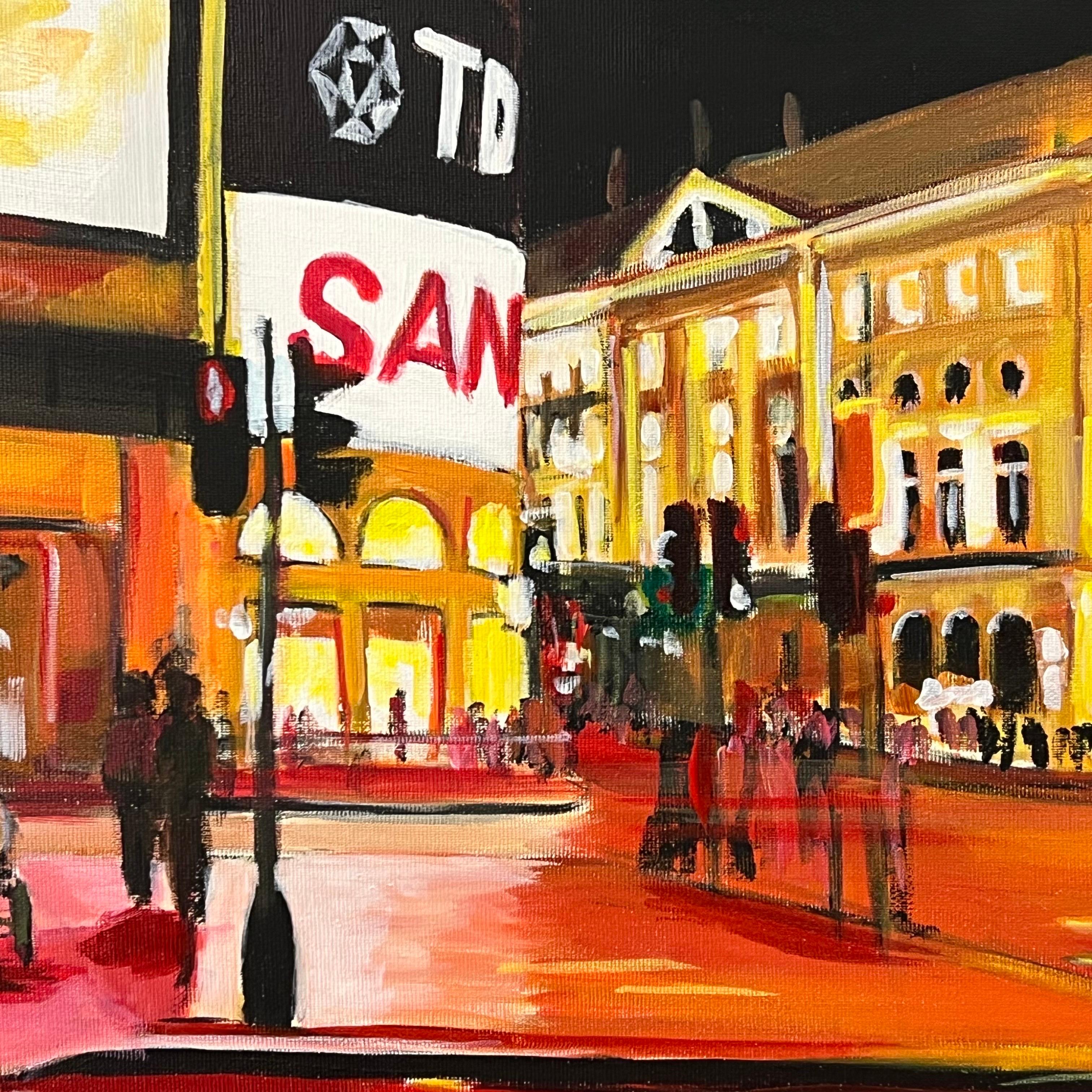 Piccadilly Circus in London City at Night with Red Bus by Urban Landscape Artist For Sale 4