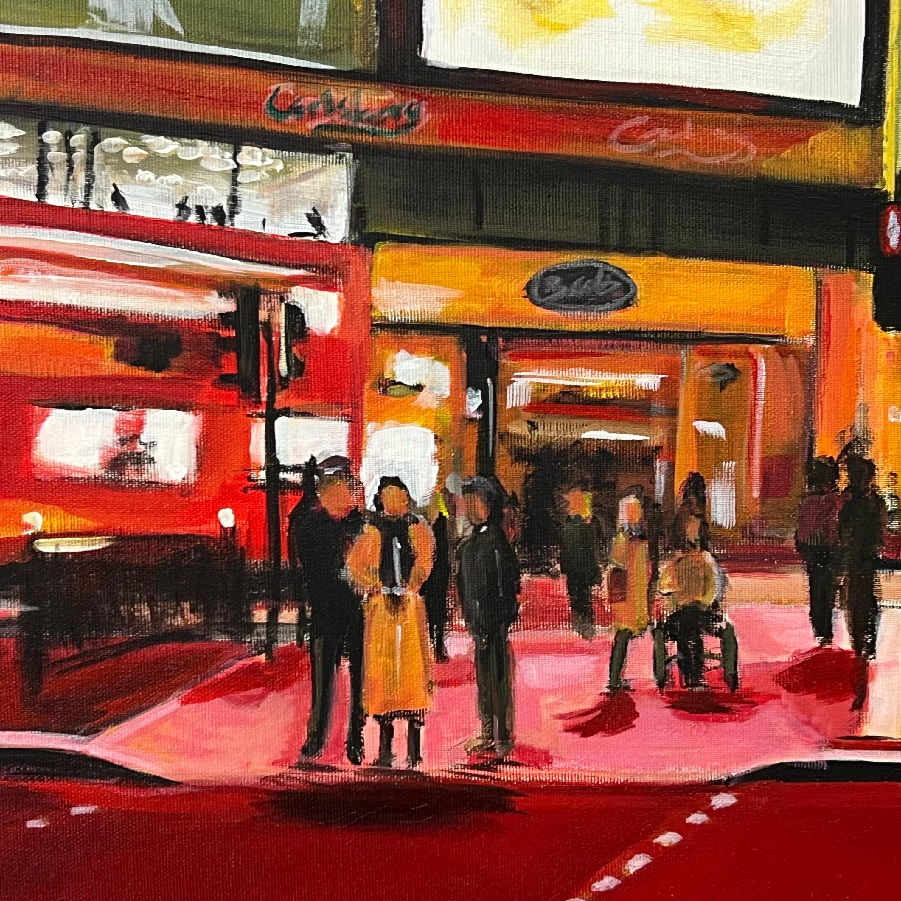 Piccadilly Circus in London City at Night with Red Bus by Urban Landscape Artist For Sale 5