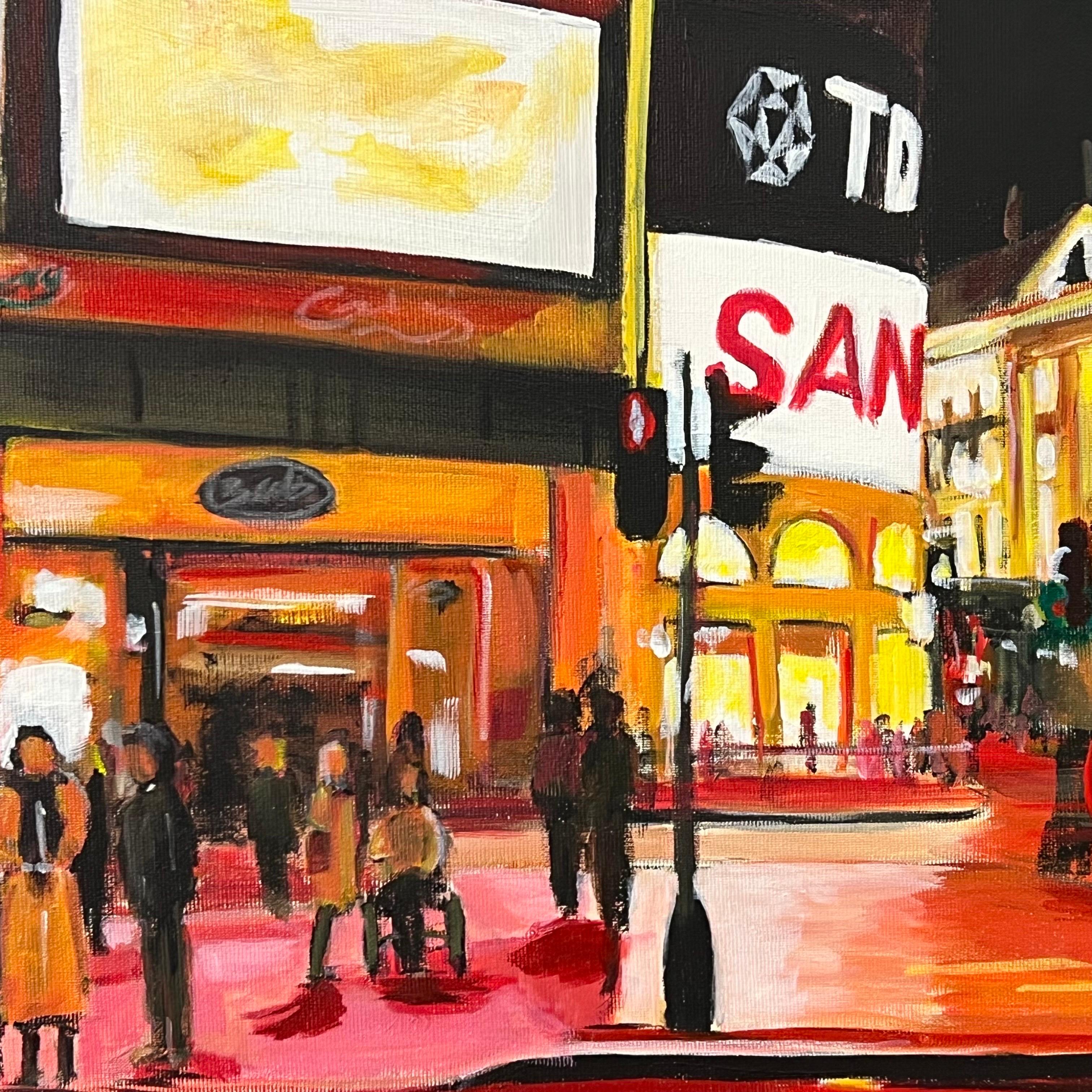 Piccadilly Circus in London City at Night with Red Bus by Urban Landscape Artist For Sale 9