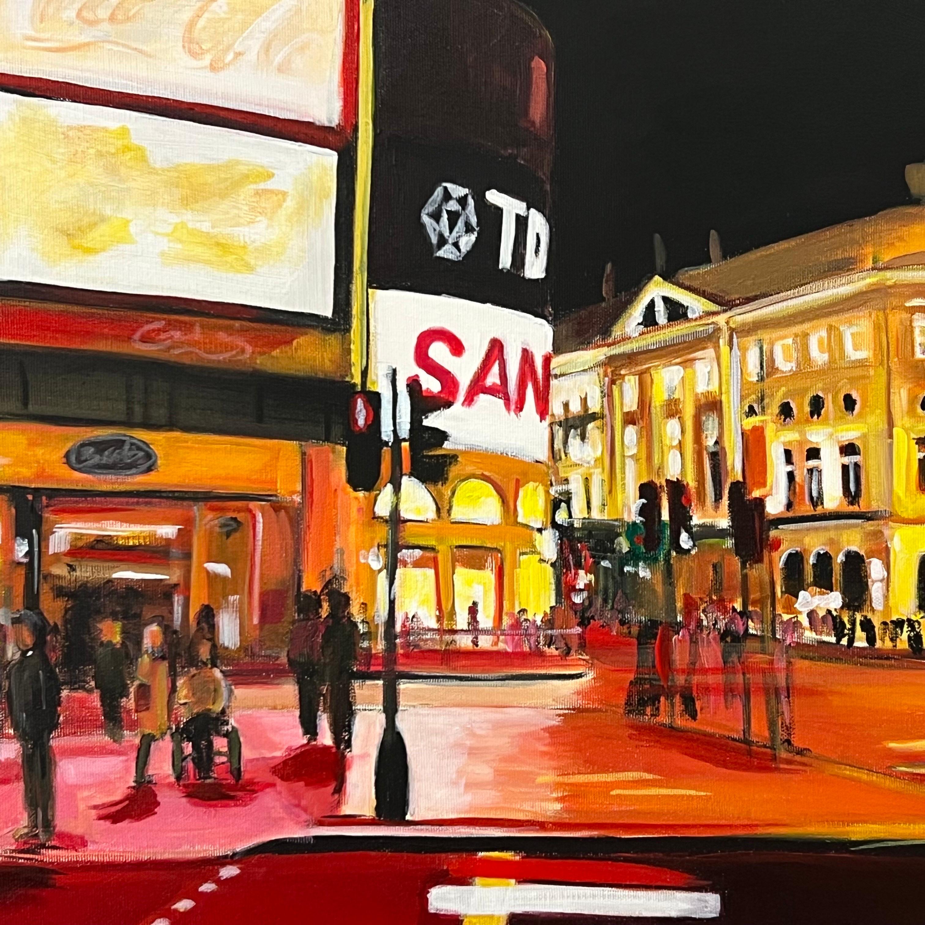 Piccadilly Circus in London City at Night with Red Bus by Urban Landscape Artist For Sale 10