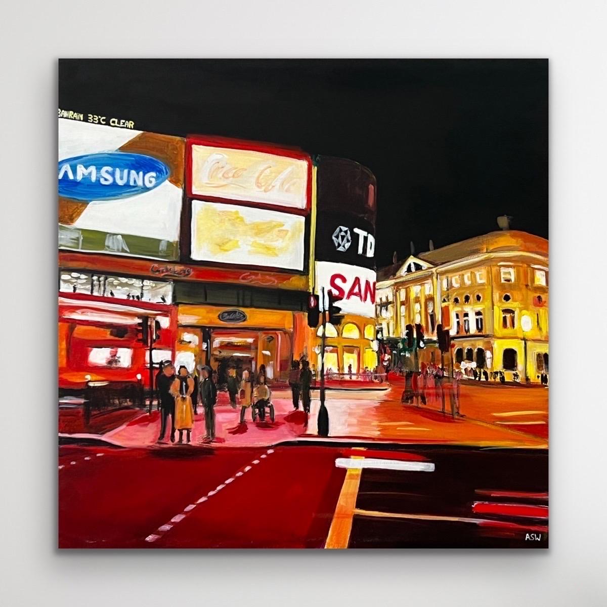 Piccadilly Circus in London City at Night with Red Bus by Urban Landscape Artist - Painting by Angela Wakefield