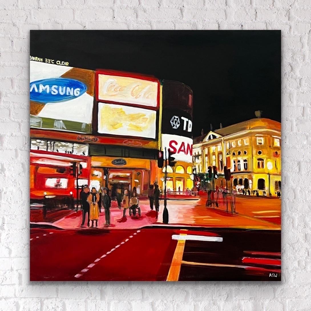 Piccadilly Circus en la ciudad de Londres de noche con autobús rojo por Paisajista Urbano - Painting Contemporáneo de Angela Wakefield