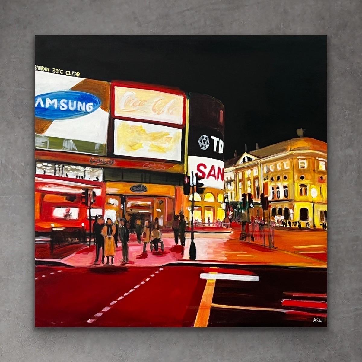 Piccadilly Circus in London City at Night with Red Bus by Urban Landscape Artist - Contemporary Painting by Angela Wakefield