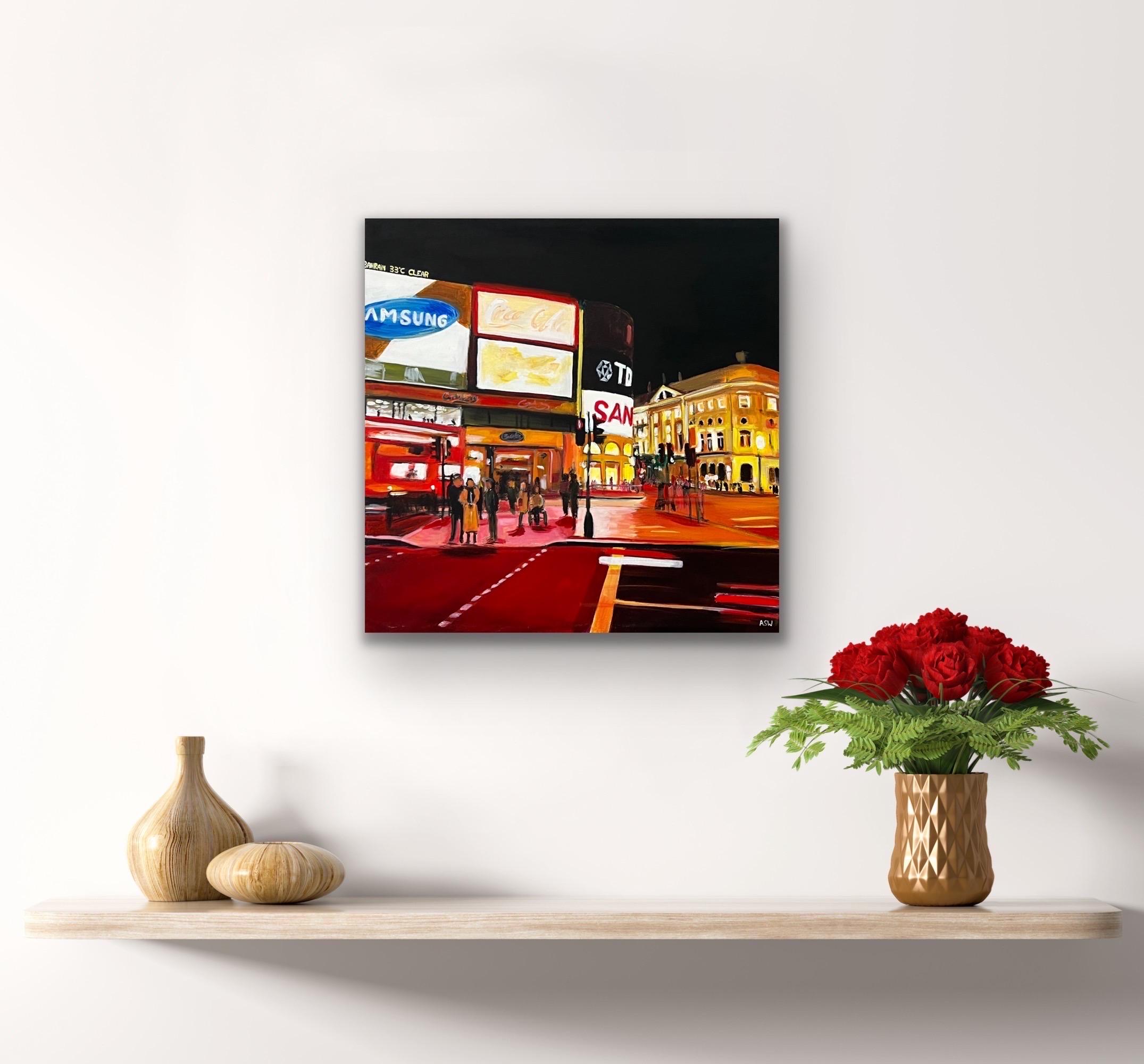 Piccadilly Circus in the City of London at Night with a Red London Bus, by Contemporary Urban Landscape Artist, Angela Wakefield

Art measures 24 x 24 inches (unframed) 
High quality Italian box canvas 

Angela Wakefield has produced numerous