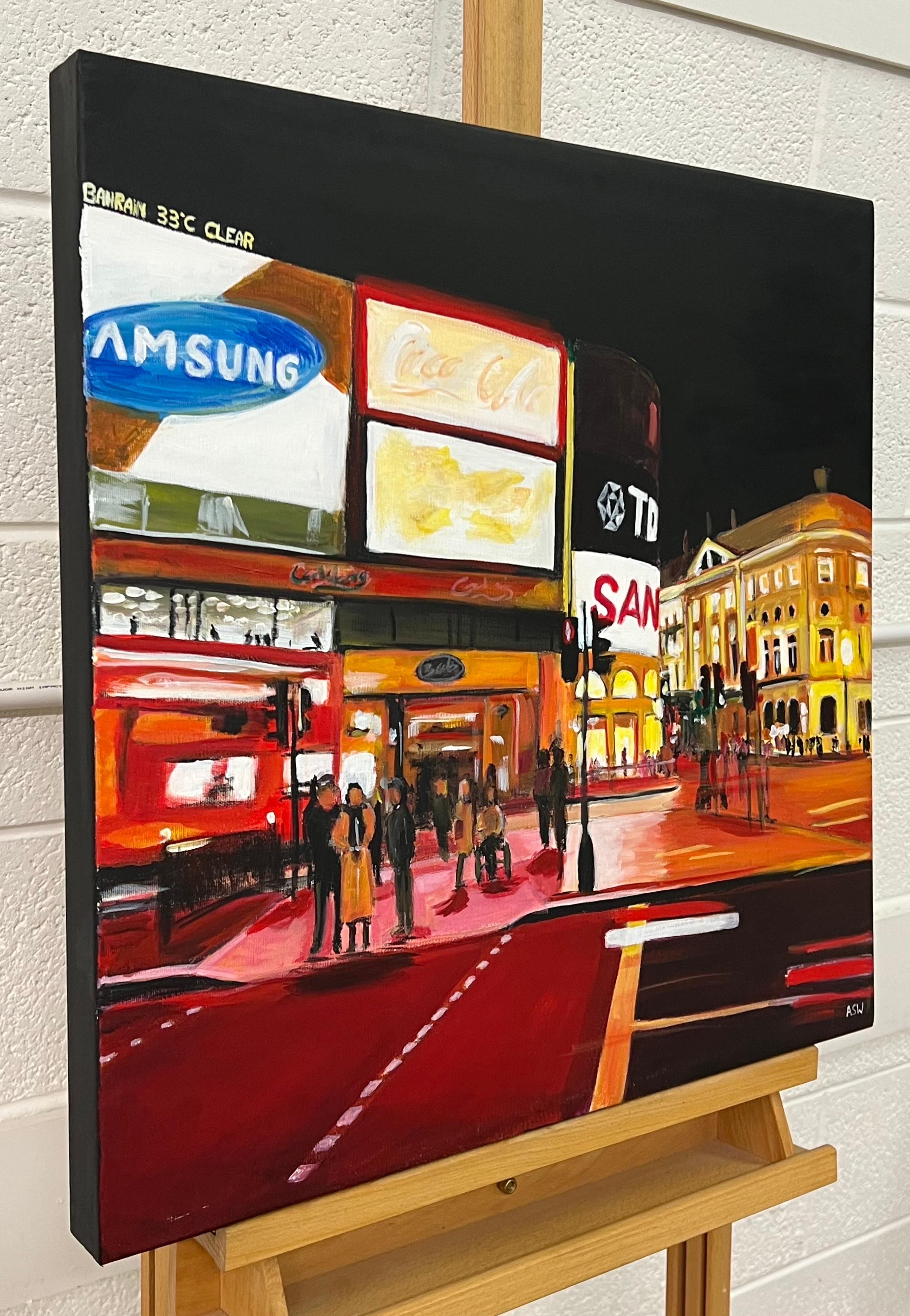 Piccadilly Circus in London City at Night with Red Bus by Urban Landscape Artist For Sale 1