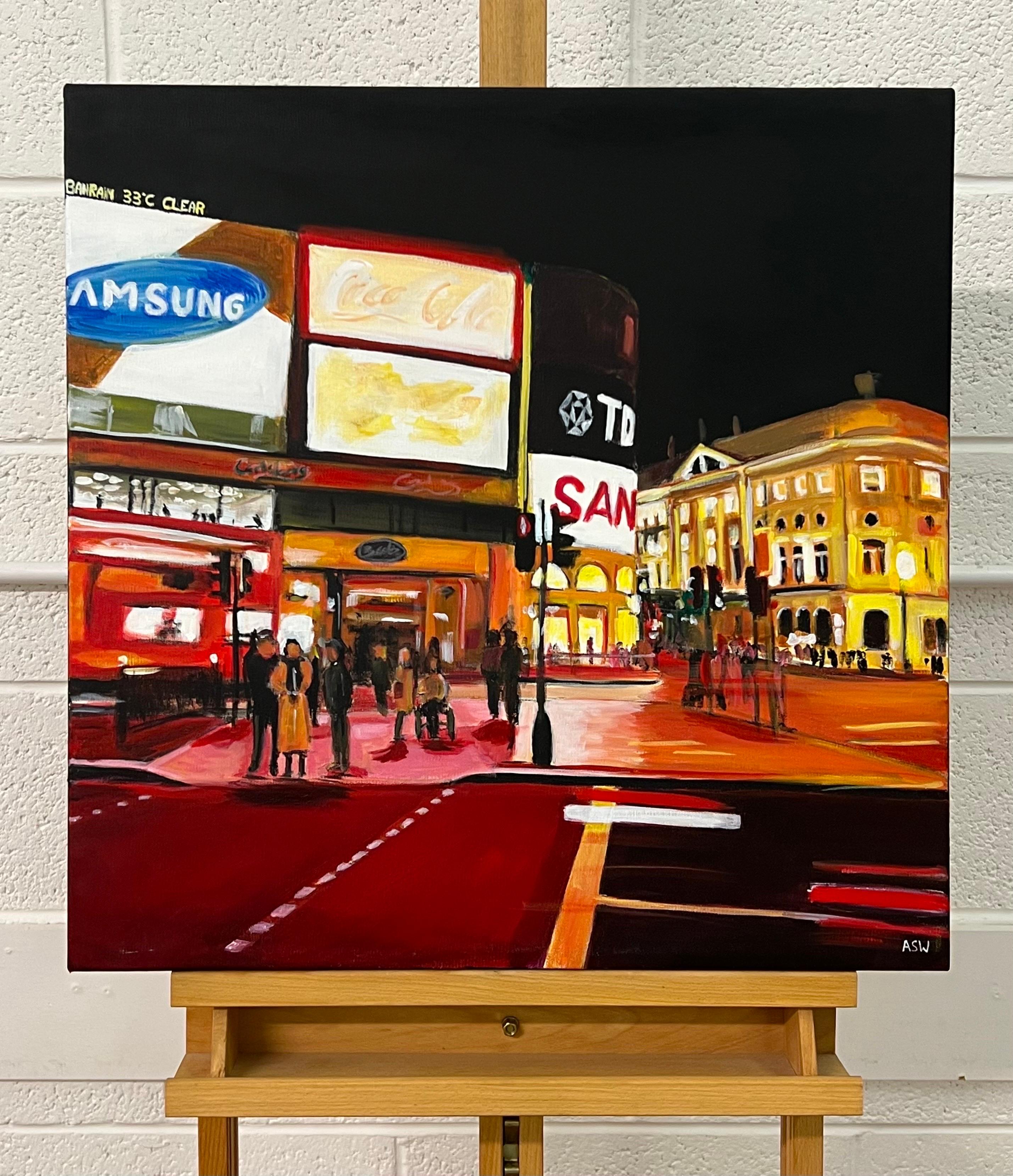 Piccadilly Circus in London City at Night with Red Bus by Urban Landscape Artist For Sale 2