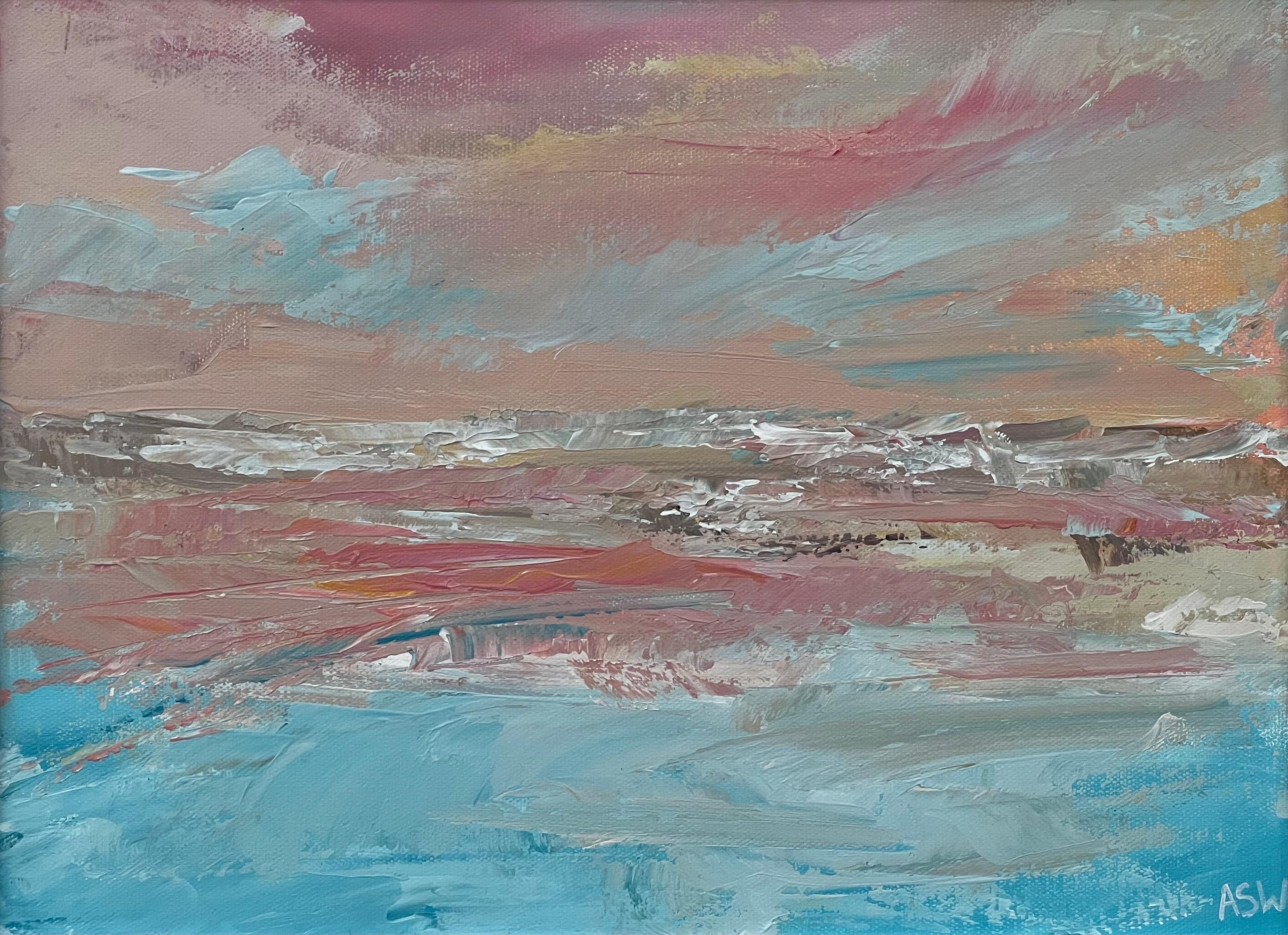  Pink & Blue Abstract Impressionist Painting by Contemporary British Artist For Sale 3