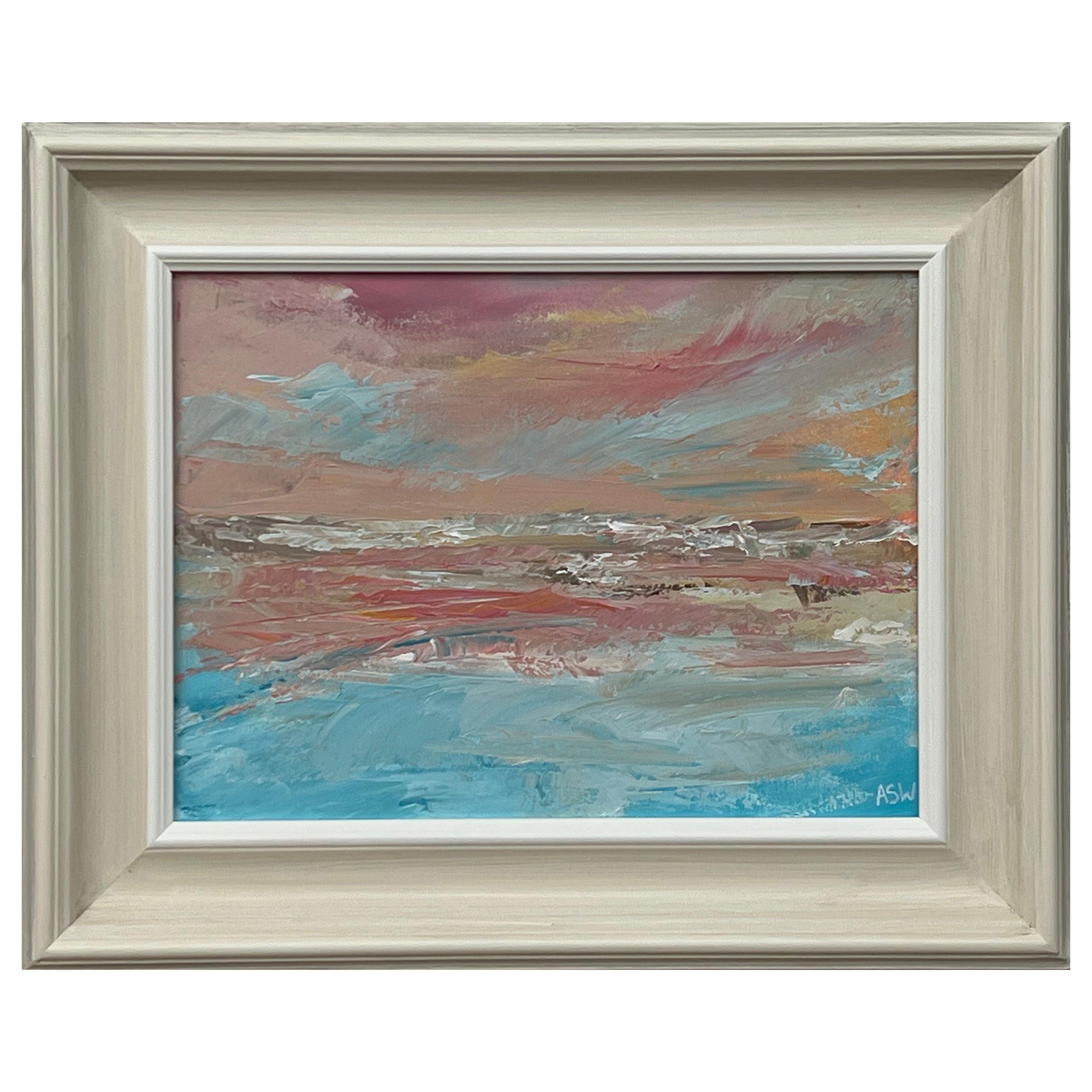 Pink & Blue Abstract Impressionist Painting by Contemporary British Artist