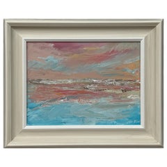 Abstraktes impressionistisches Gemälde des zeitgenössischen britischen Künstlers in Rosa und Blau