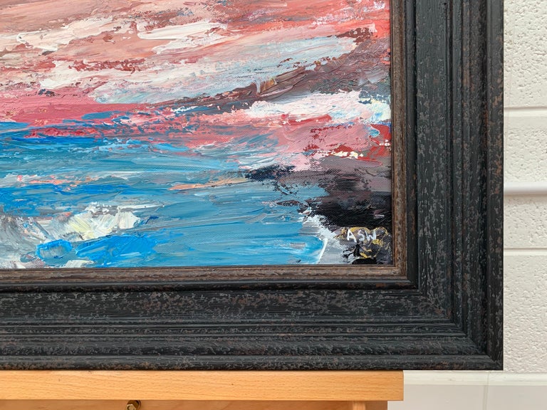 Pink & Blue Expressive Abstract Lake Seascape by Contemporary British Artist For Sale 6