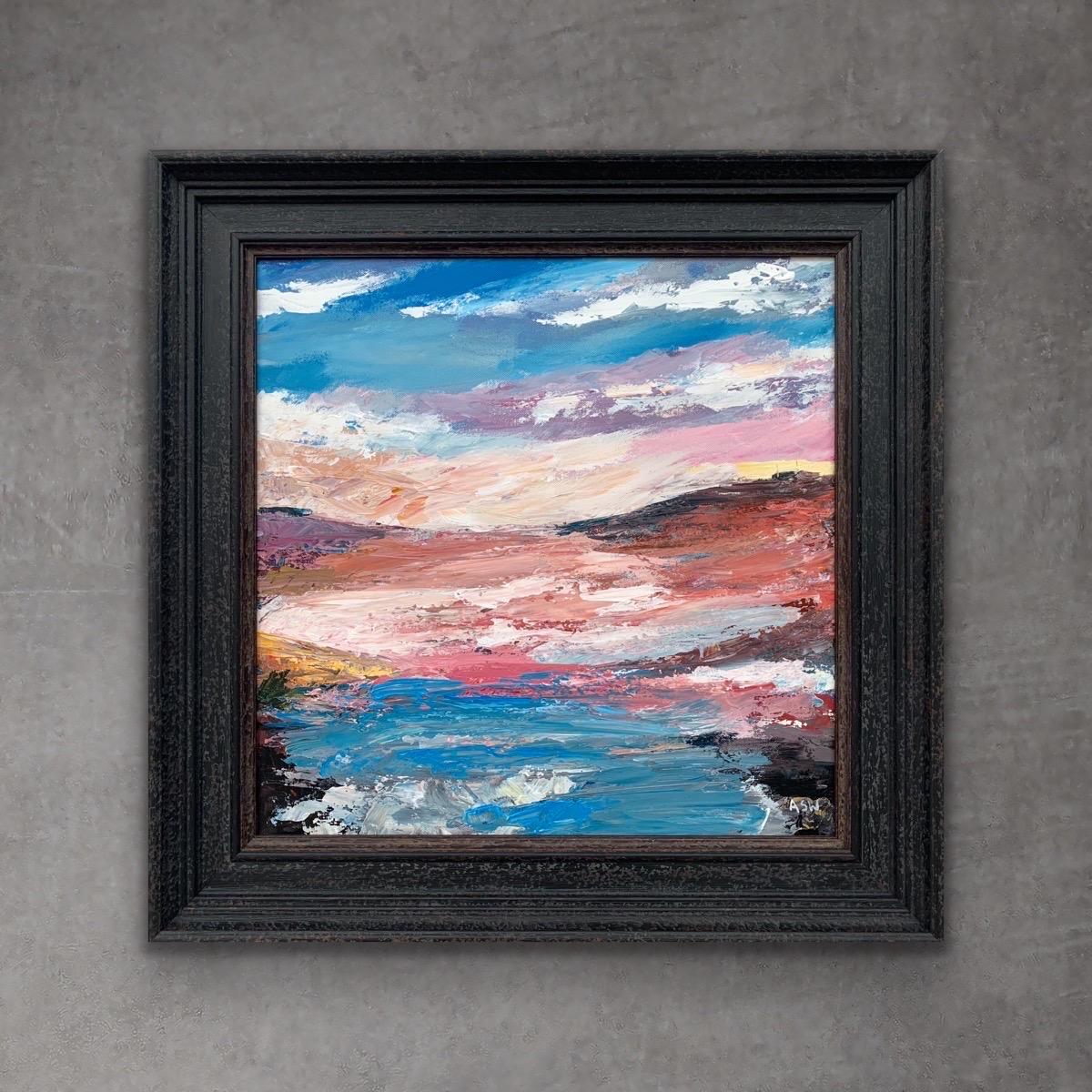 Expresivo paisaje marino lacustre abstracto rosa y azul de un artista británico contemporáneo en venta 11