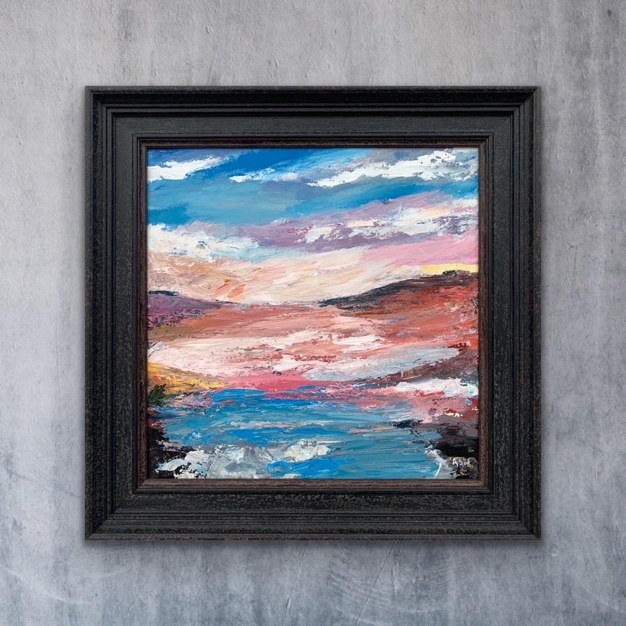 Expresivo paisaje marino lacustre abstracto rosa y azul de un artista británico contemporáneo en venta 12