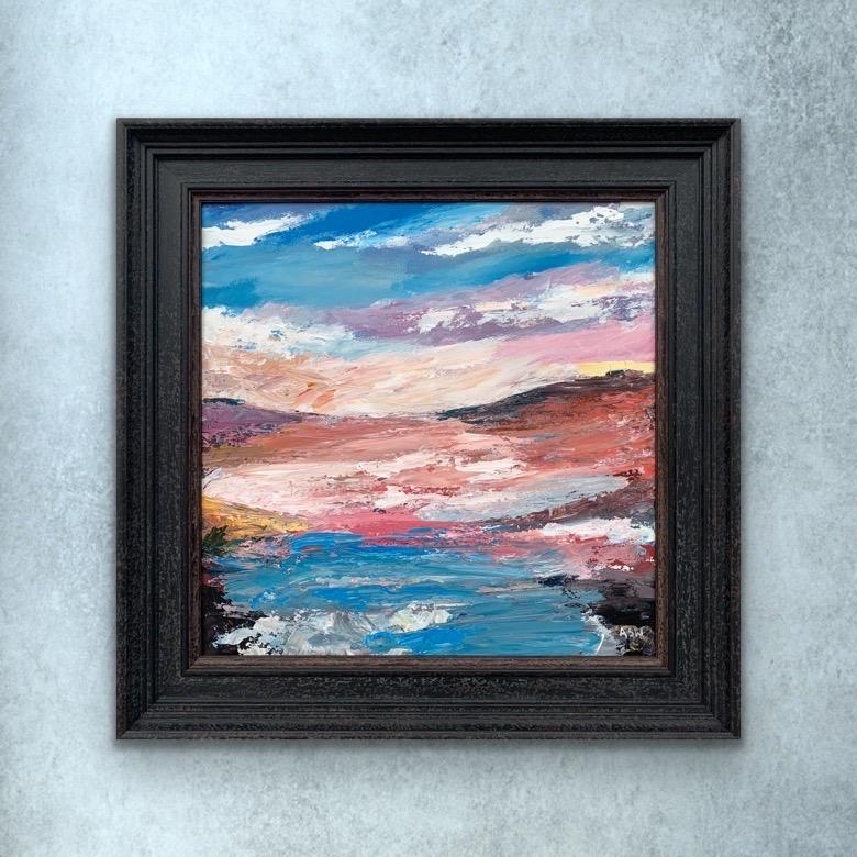 Expresivo paisaje marino lacustre abstracto rosa y azul de un artista británico contemporáneo en venta 13