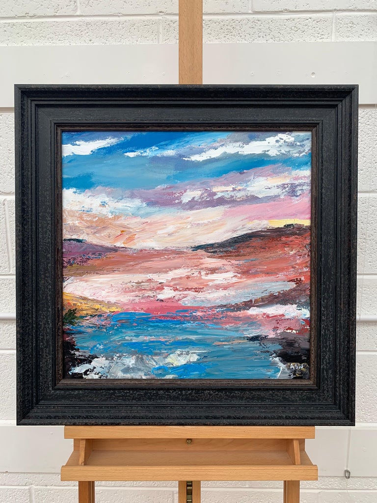 Pink & Blue Expressive Abstract Lake Seascape by Contemporary British Artist - Abstract Expressionist Painting by Angela Wakefield