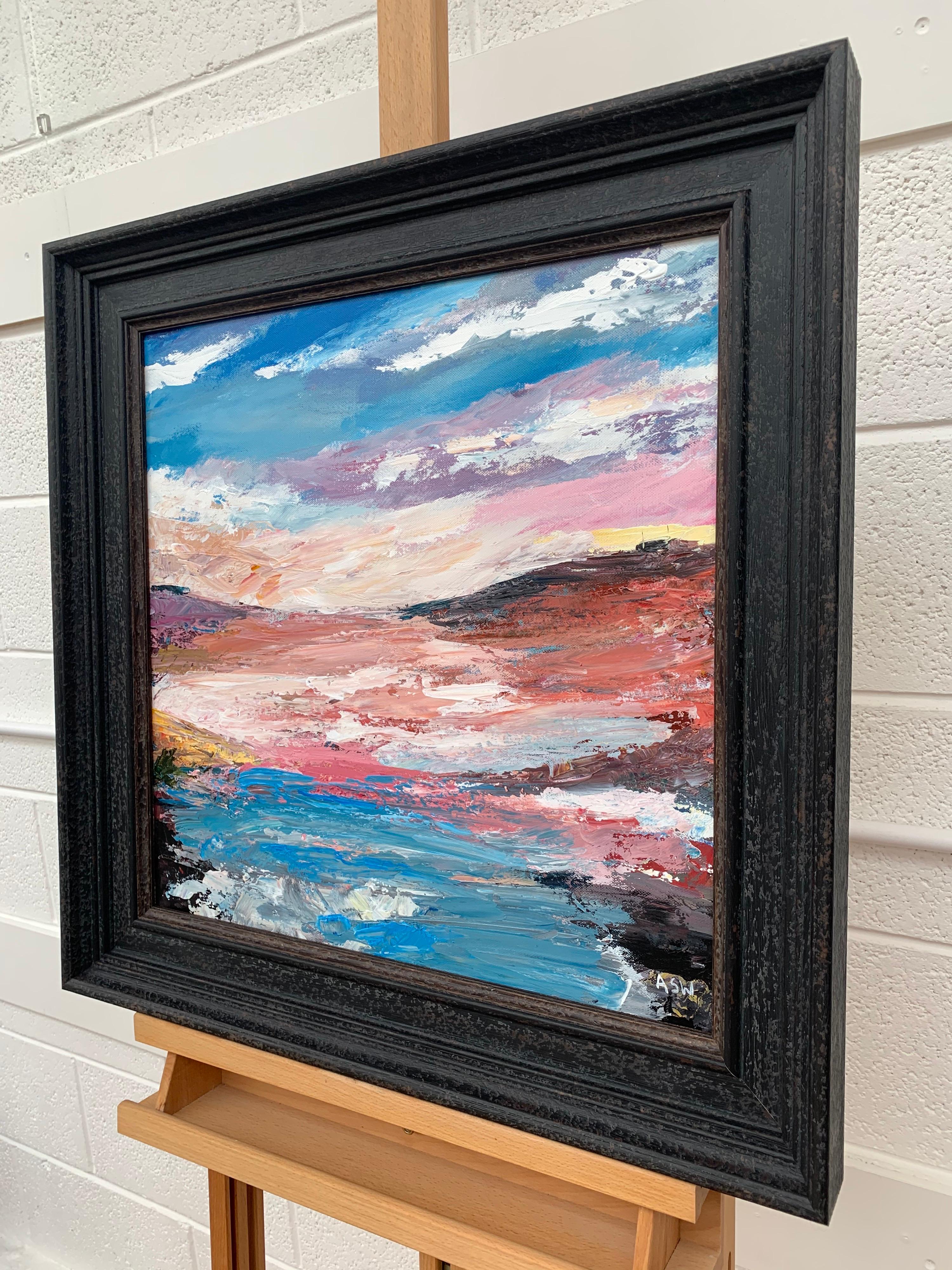 Expresivo paisaje marino lacustre abstracto rosa y azul de un artista británico contemporáneo en venta 3