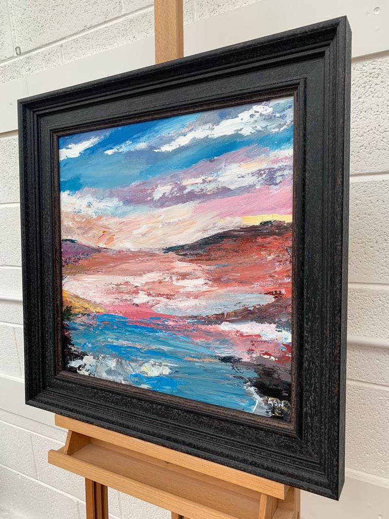 Pink & Blue Expressive Abstract Lake Seascape by Contemporary British Artist - Black Landscape Painting by Angela Wakefield